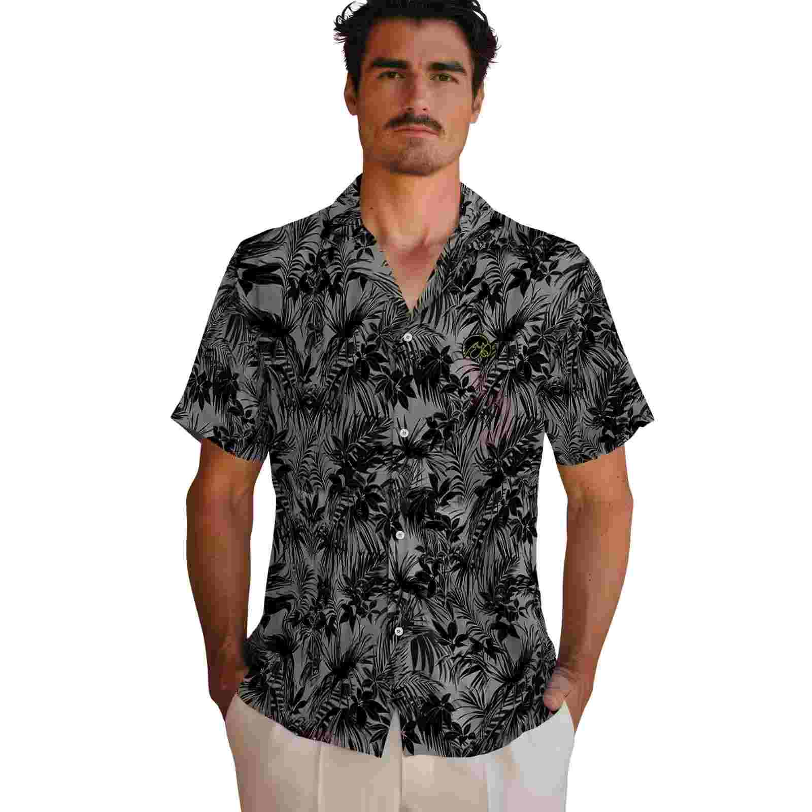 iowa hawkeyes leafy pattern black hawaiian shirt fashion forward