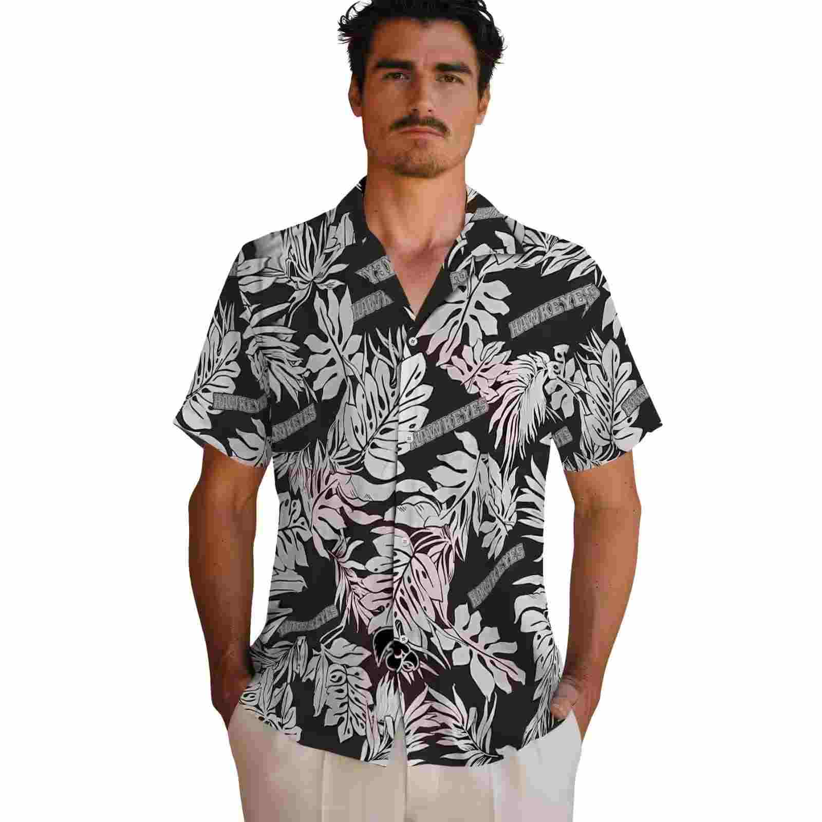 iowa hawkeyes monstera leaf pattern black hawaiian shirt fashion forward