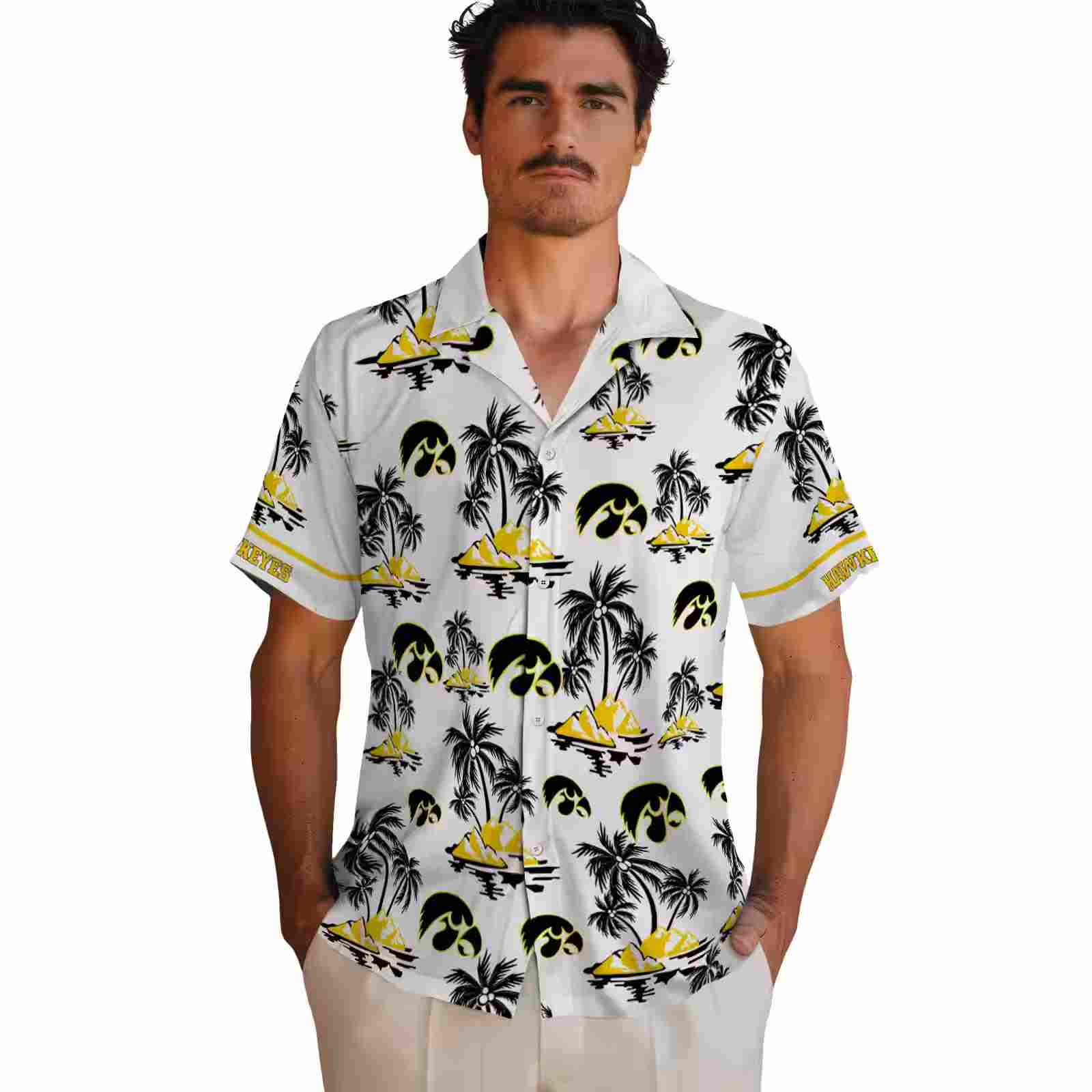 iowa hawkeyes palm island print black white hawaiian shirt fashion forward