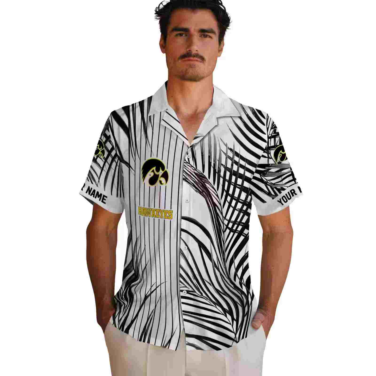 iowa hawkeyes palm stripes black white hawaiian shirt fashion forward