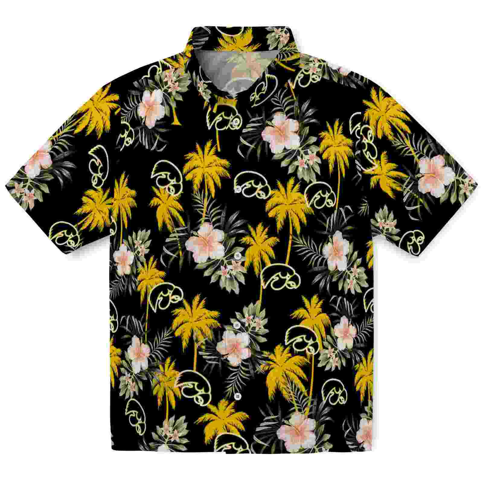 Iowa Hawkeyes Palm Tree Flower Black Hawaiian Shirt