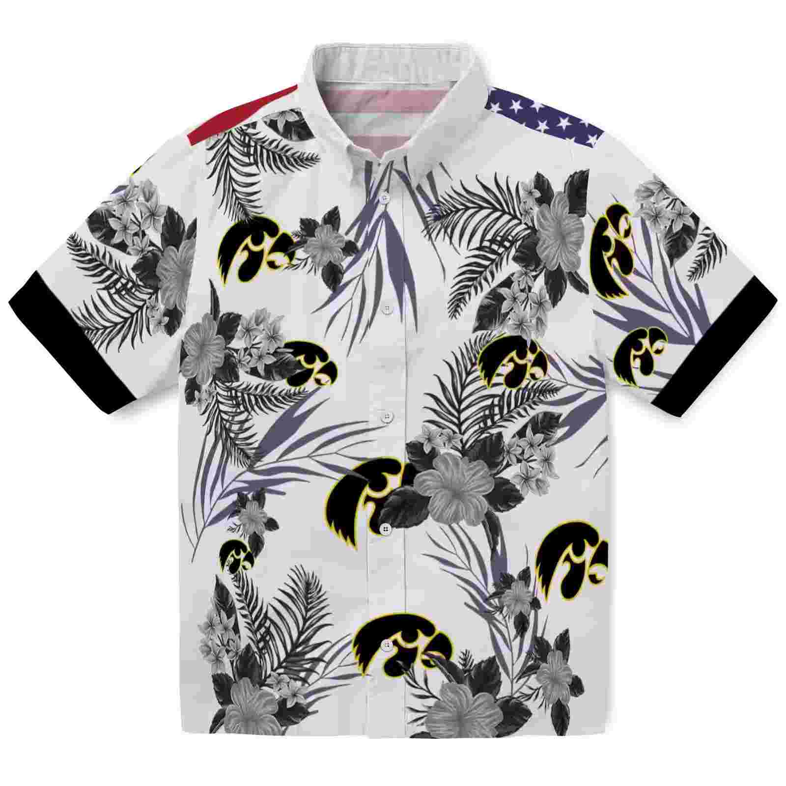 Iowa Hawkeyes Patriotic Hibiscus Design Black White Hawaiian Shirt