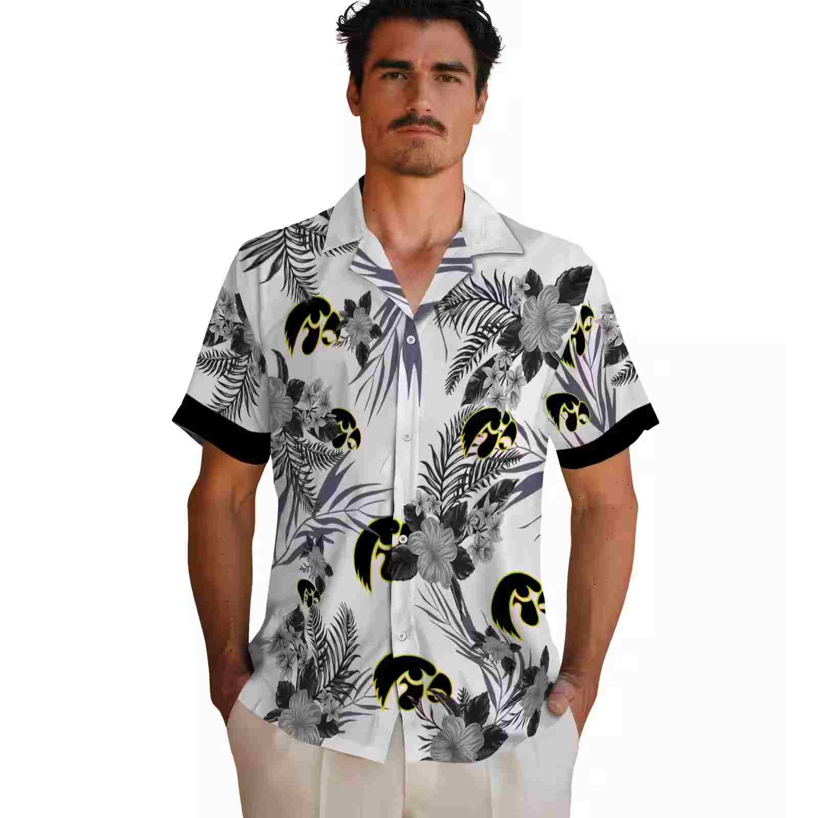 iowa hawkeyes patriotic hibiscus design black white hawaiian shirt fashion forward