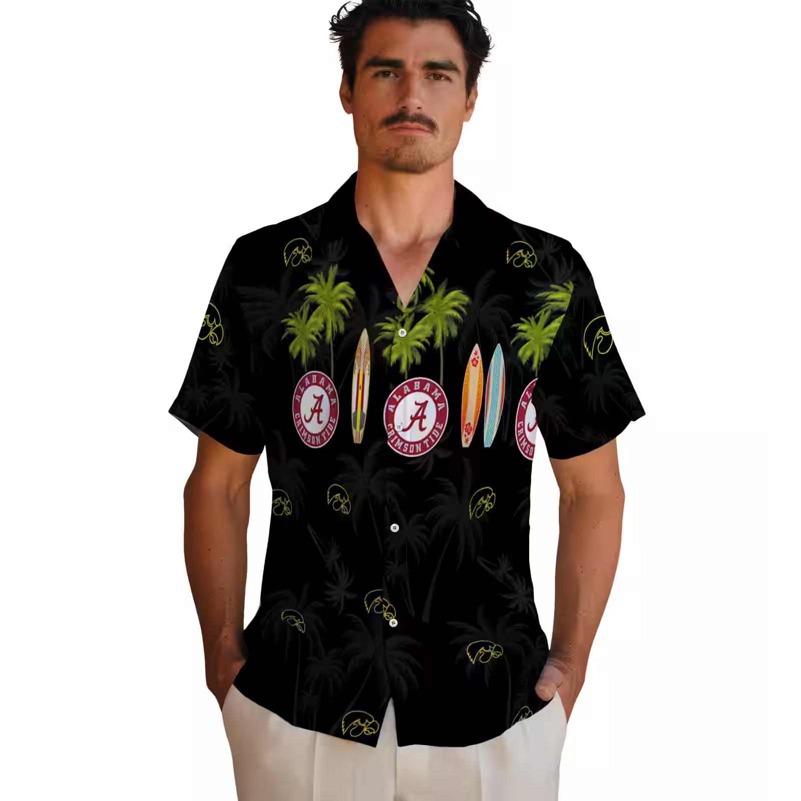 iowa hawkeyes surfboard palm black hawaiian shirt fashion forward