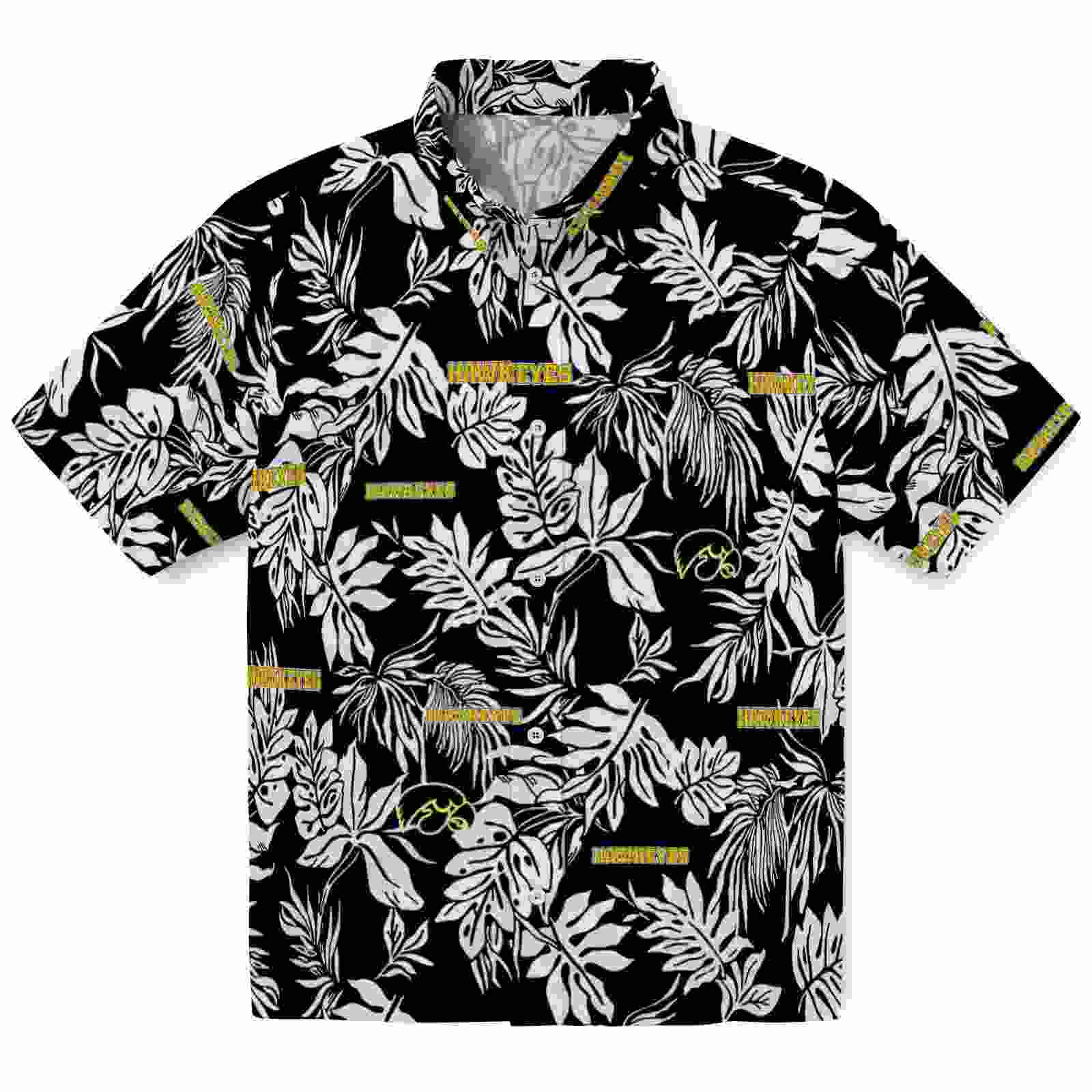 Iowa Hawkeyes Tropical Leaf Black White Hawaiian Shirt