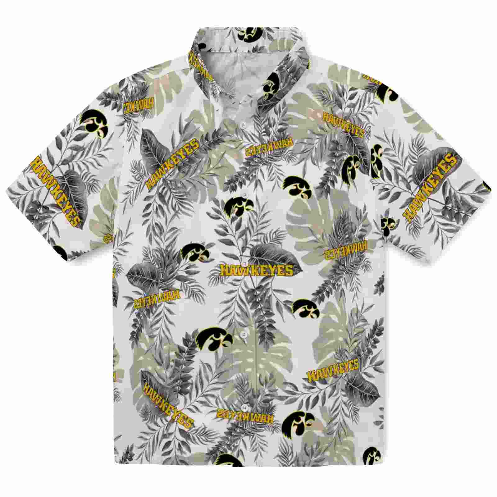 Iowa Hawkeyes Tropical Leaves Black White Hawaiian Shirt