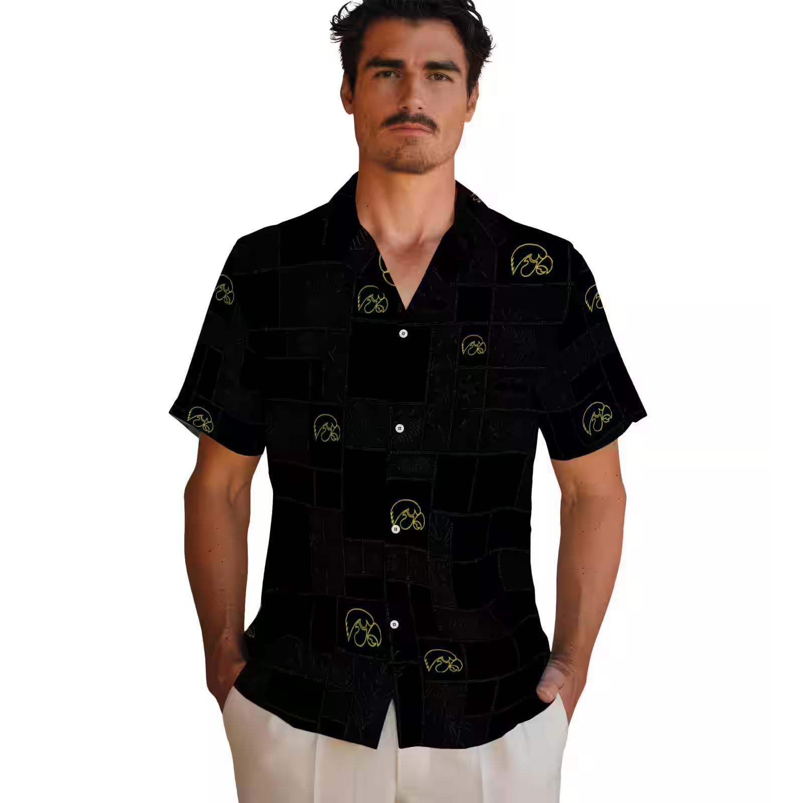 iowa hawkeyes tropical patchwork black hawaiian shirt fashion forward