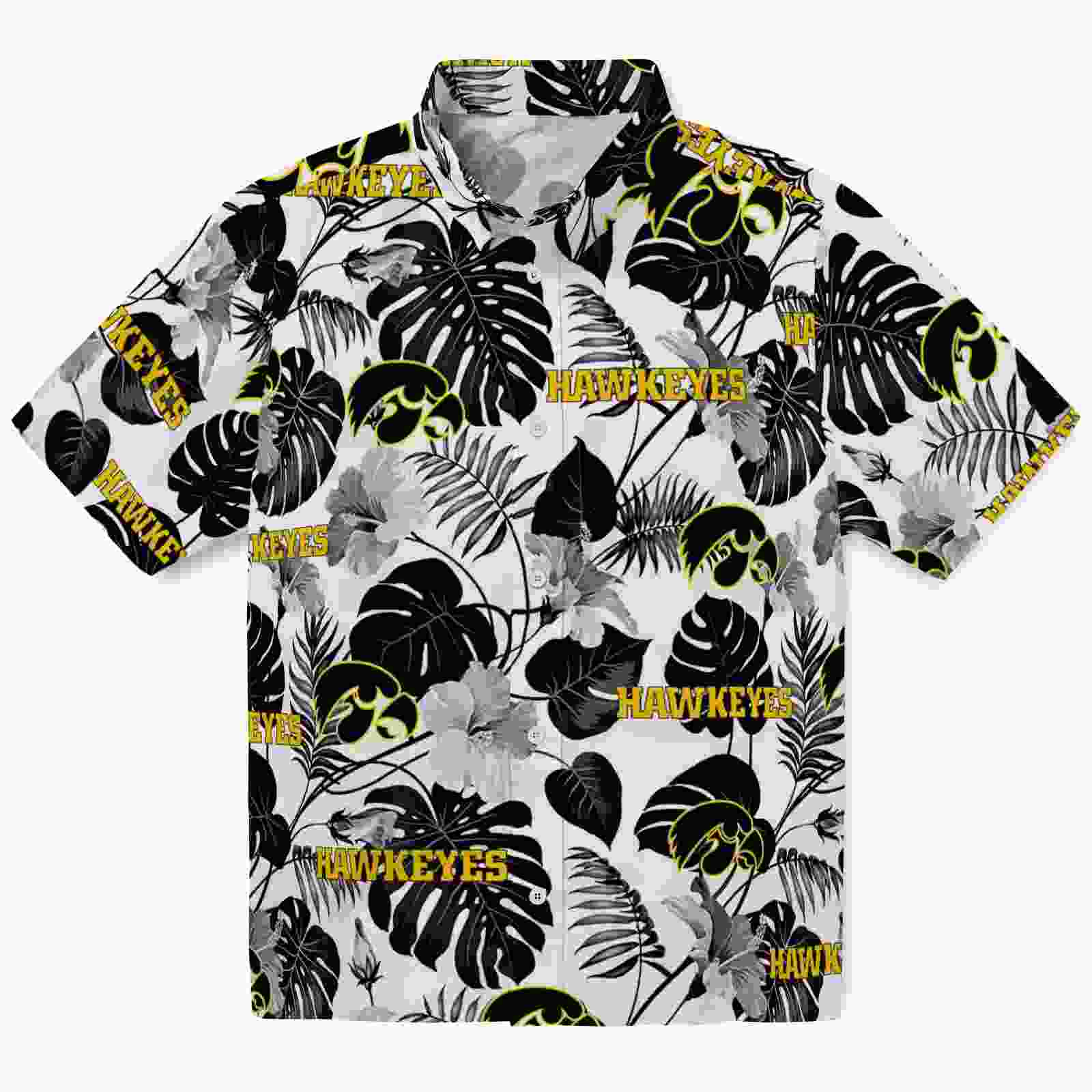 Iowa Hawkeyes Tropical Plants Black White Hawaiian Shirt