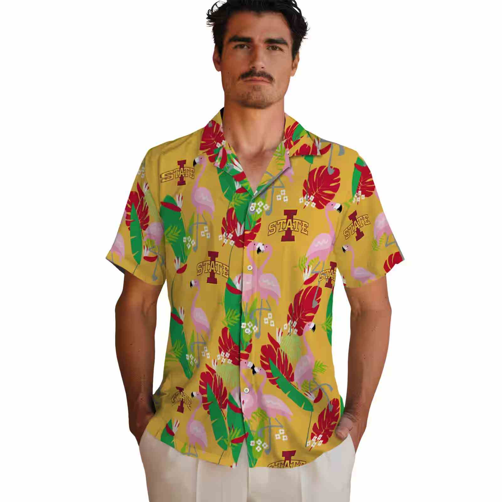 iowa state cyclones flamingo foliage red green hawaiian shirt fashion forward