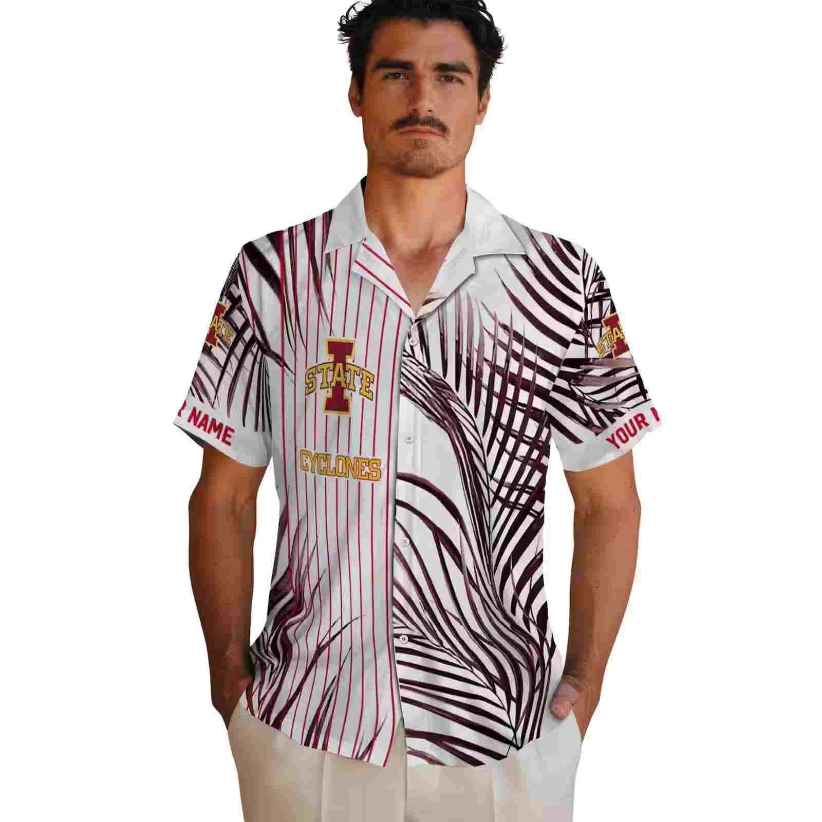 iowa state cyclones palm stripes red black white hawaiian shirt fashion forward