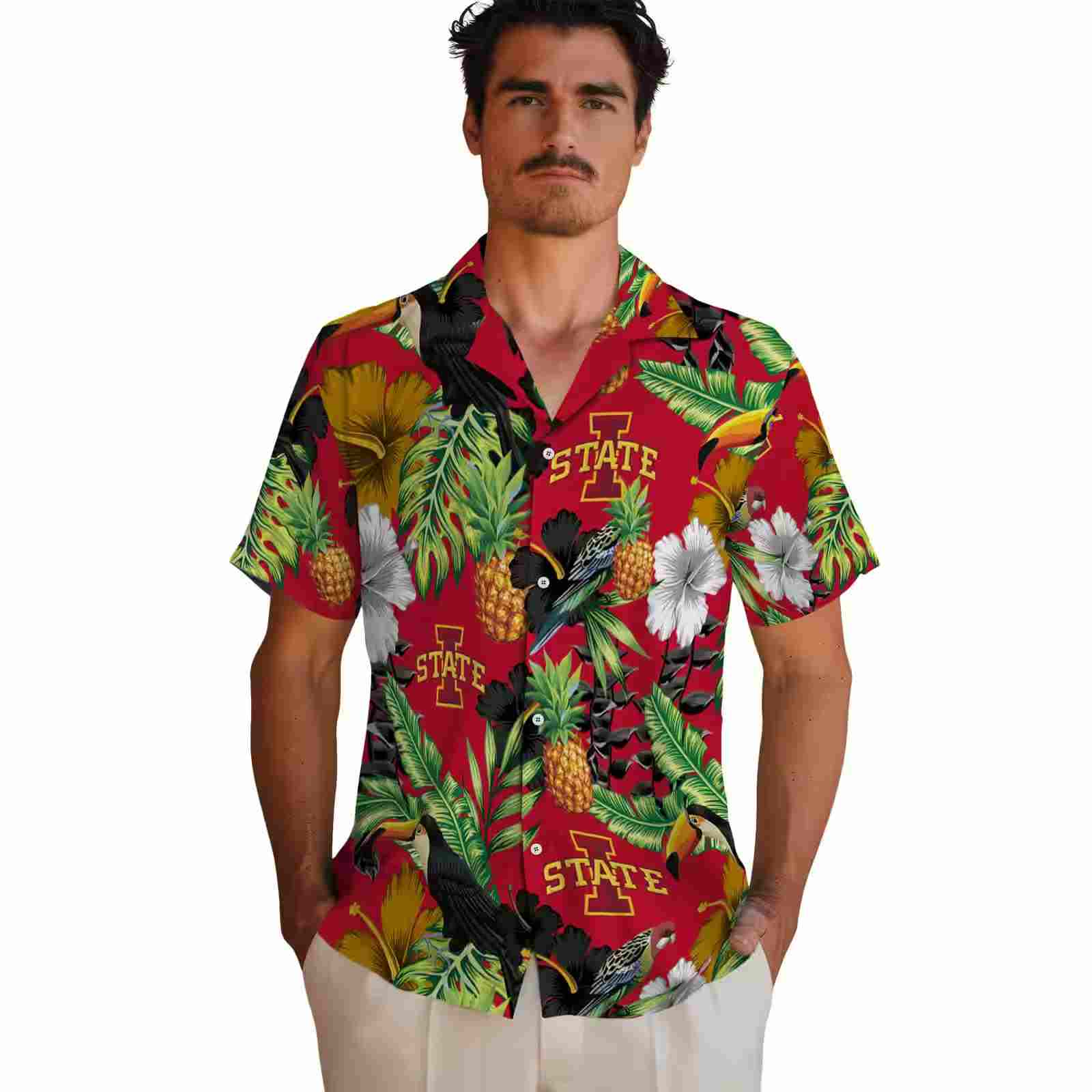 iowa state cyclones toucan hibiscus pineapple red green hawaiian shirt fashion forward