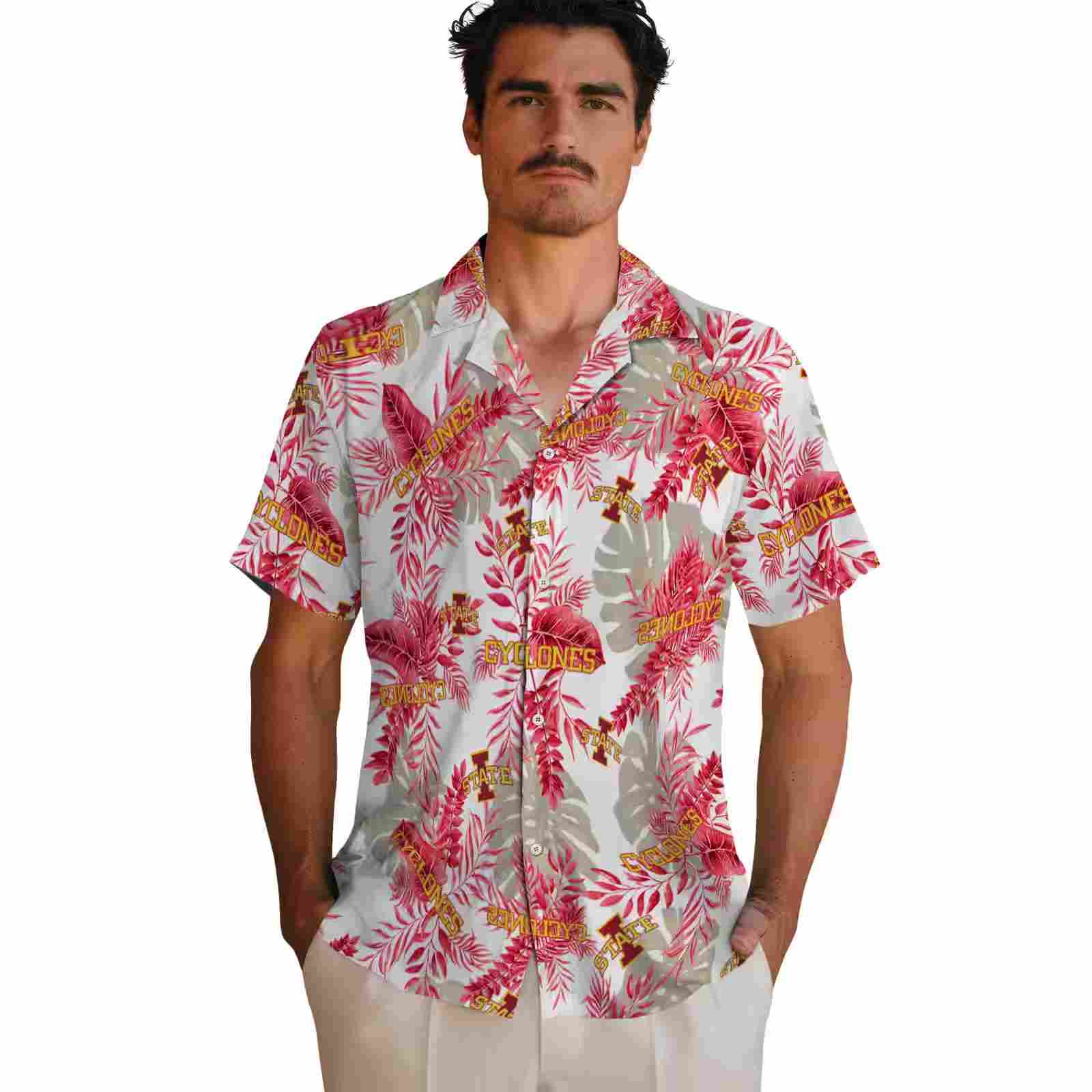 iowa state cyclones tropical leaves red white hawaiian shirt fashion forward