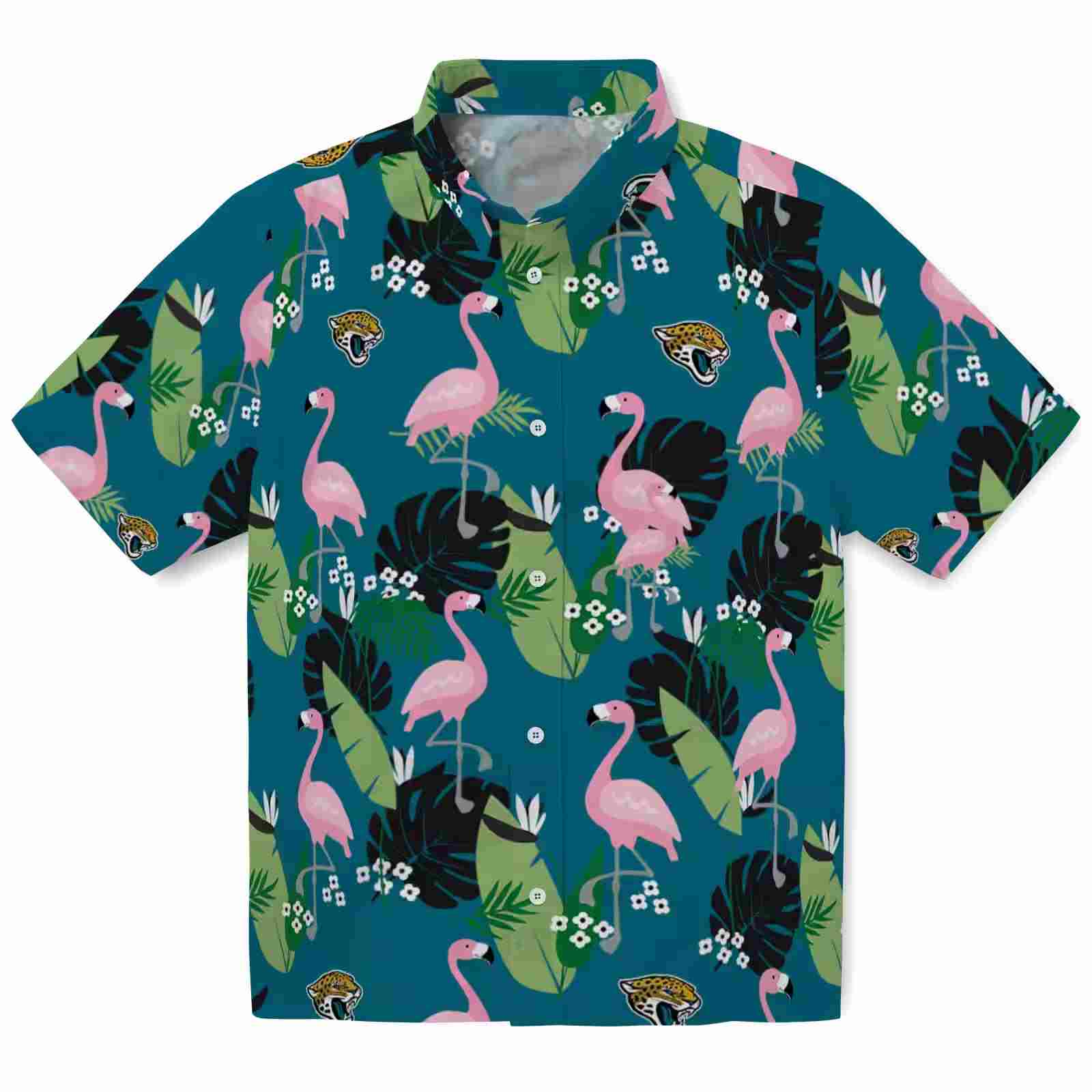 Jacksonville Jaguars Flamingo Leaf Motif Teal Hawaiian Shirt