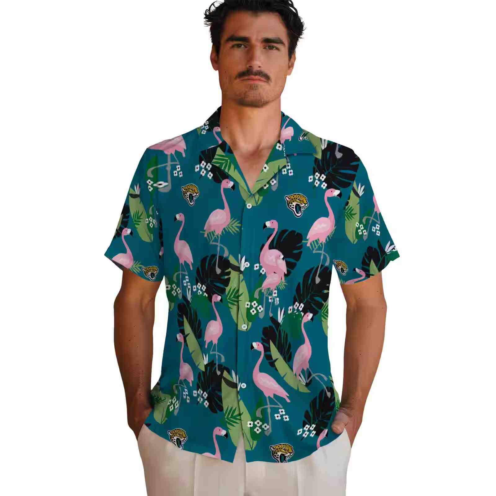 jacksonville jaguars flamingo leaf motif teal hawaiian shirt fashion forward