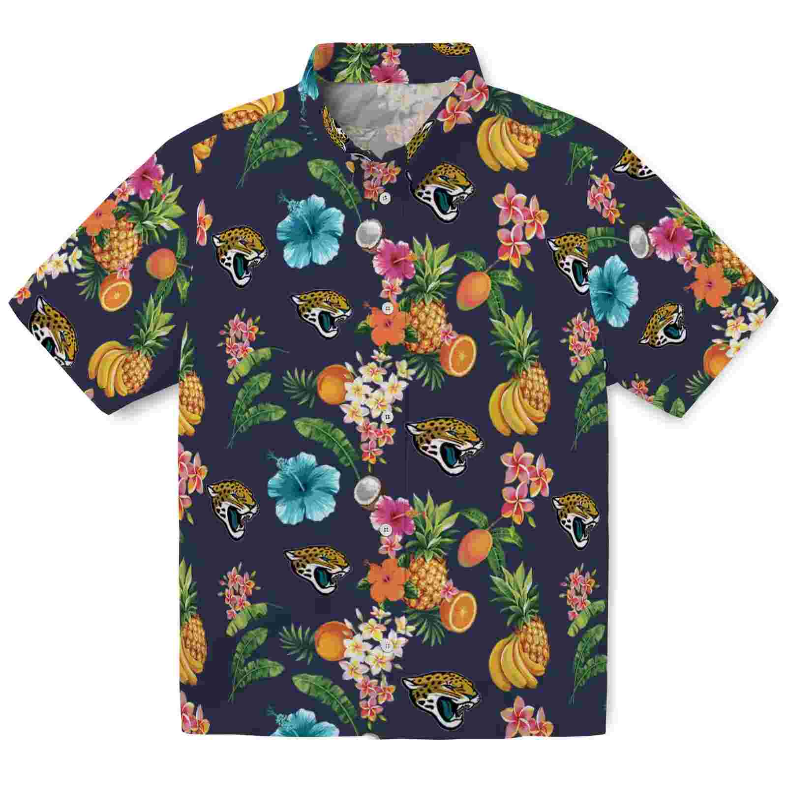 Jacksonville Jaguars Hibiscus And Fruit Navy Blue Hawaiian Shirt