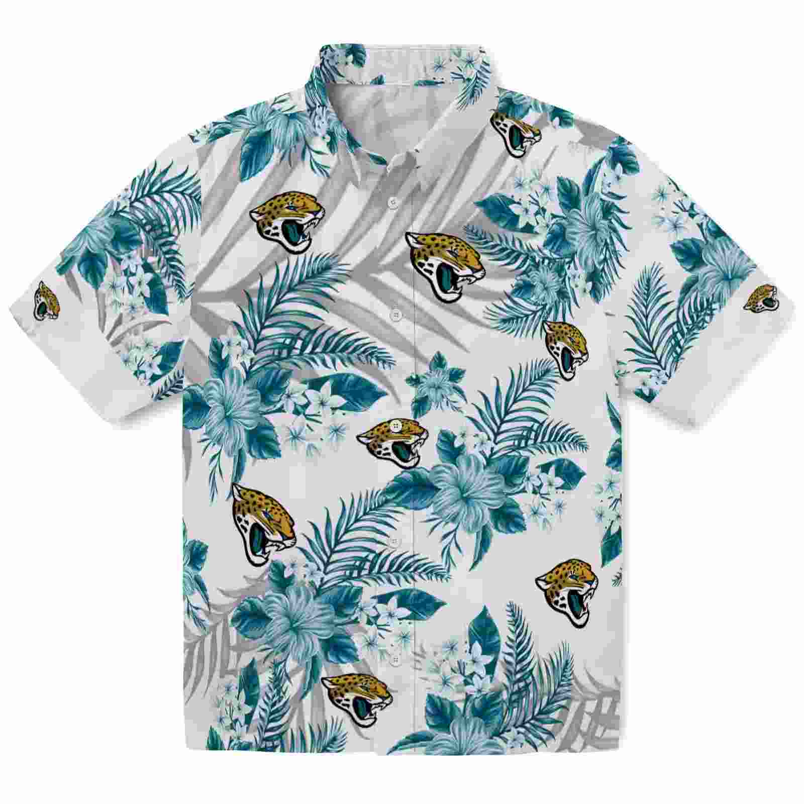 Jacksonville Jaguars Hibiscus Palm Leaves Teal White Hawaiian Shirt