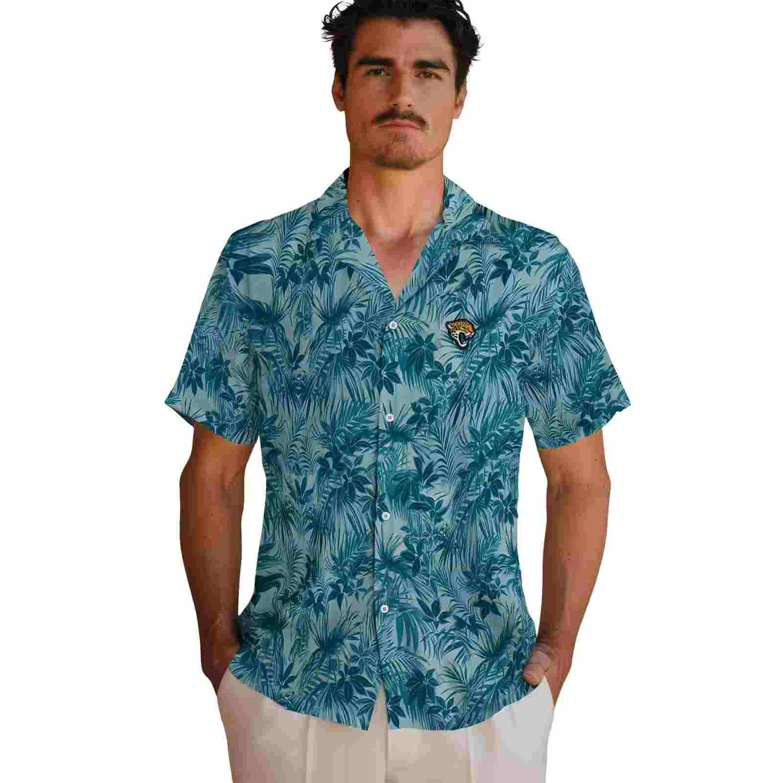 jacksonville jaguars leafy pattern teal hawaiian shirt fashion forward