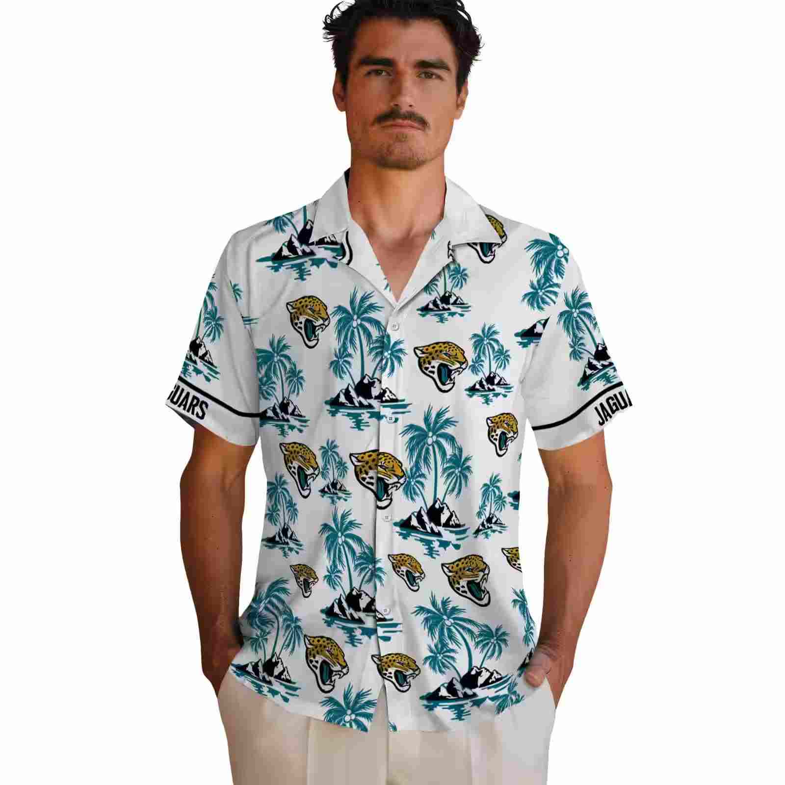 jacksonville jaguars palm island print teal white hawaiian shirt fashion forward