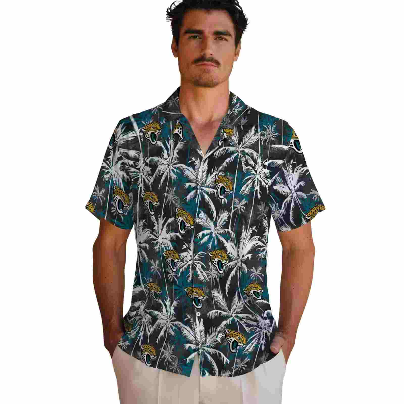 jacksonville jaguars palm pattern teal black hawaiian shirt fashion forward