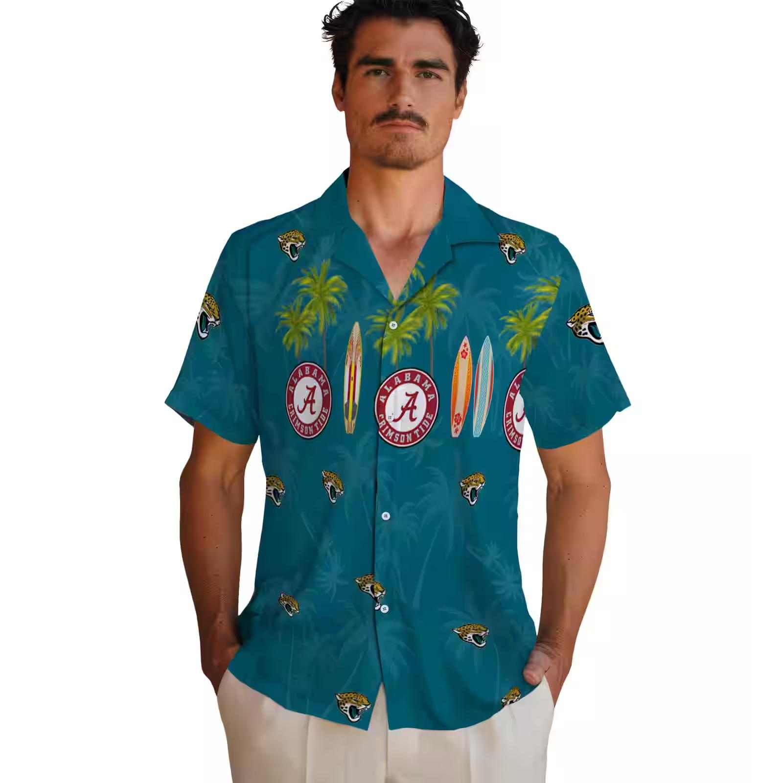 jacksonville jaguars surfboard palm teal hawaiian shirt fashion forward