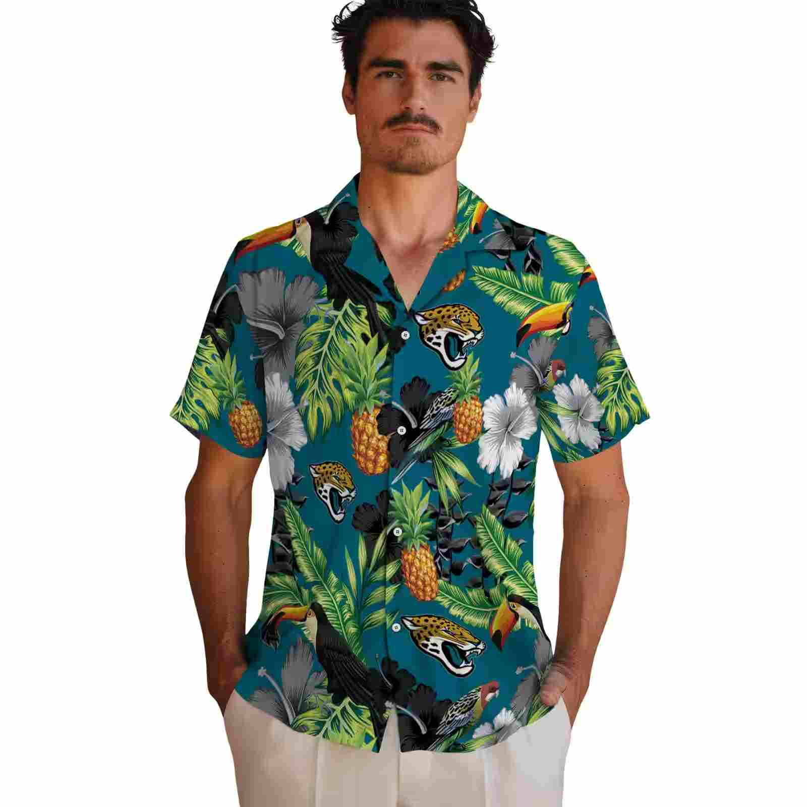 jacksonville jaguars toucan hibiscus pineapple teal green hawaiian shirt fashion forward