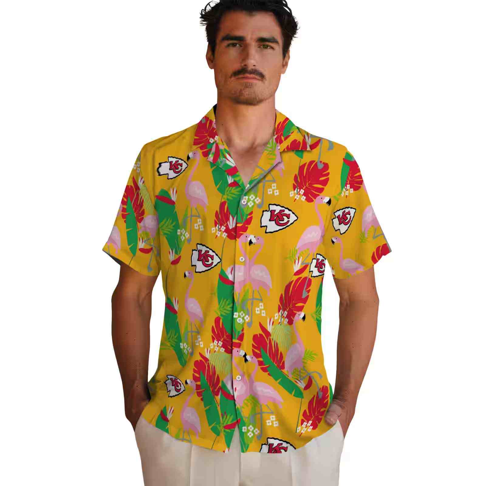 kansas city chiefs flamingo foliage red green hawaiian shirt fashion forward