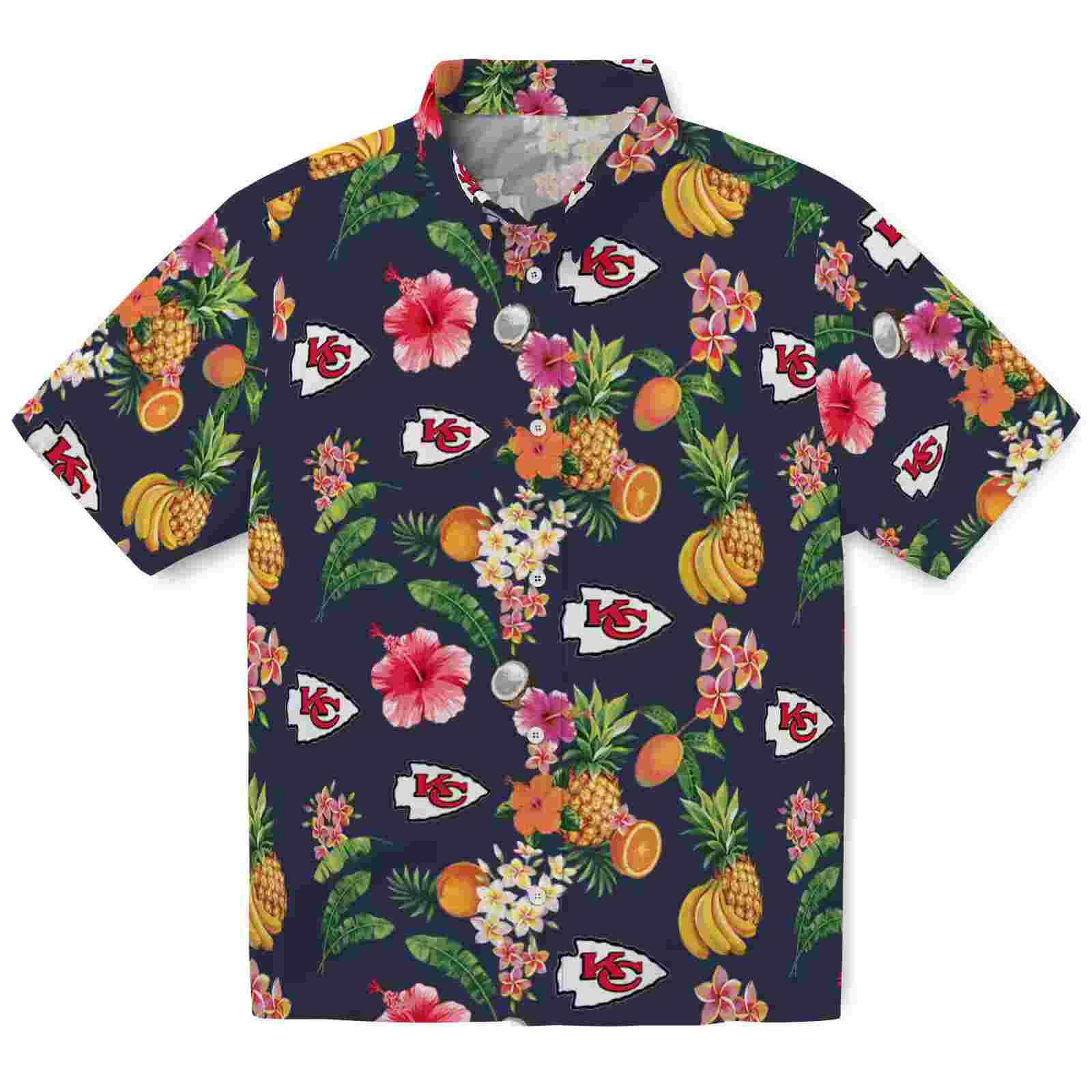 Kansas City Chiefs Hibiscus And Fruit Navy Blue Hawaiian Shirt