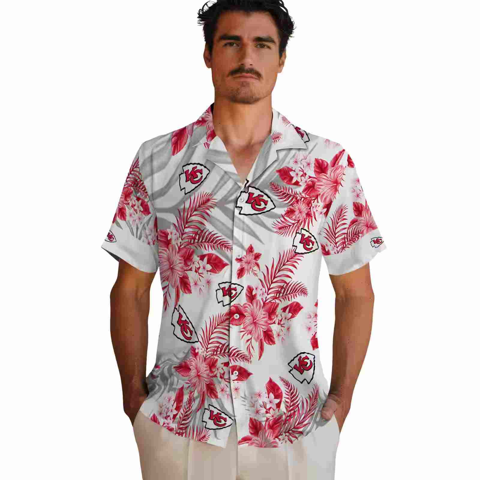 kansas city chiefs hibiscus palm leaves red white hawaiian shirt fashion forward