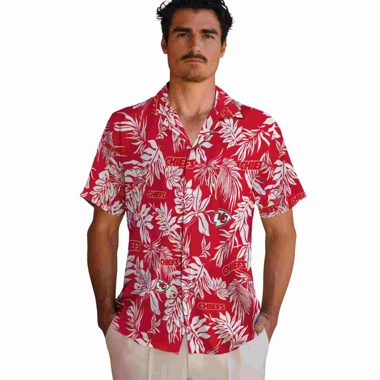 kansas city chiefs tropical leaf red white hawaiian shirt fashion forward