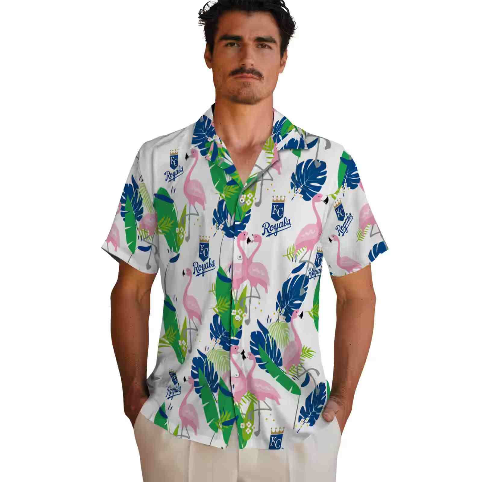 kansas city royals flamingo foliage royal blue green hawaiian shirt fashion forward