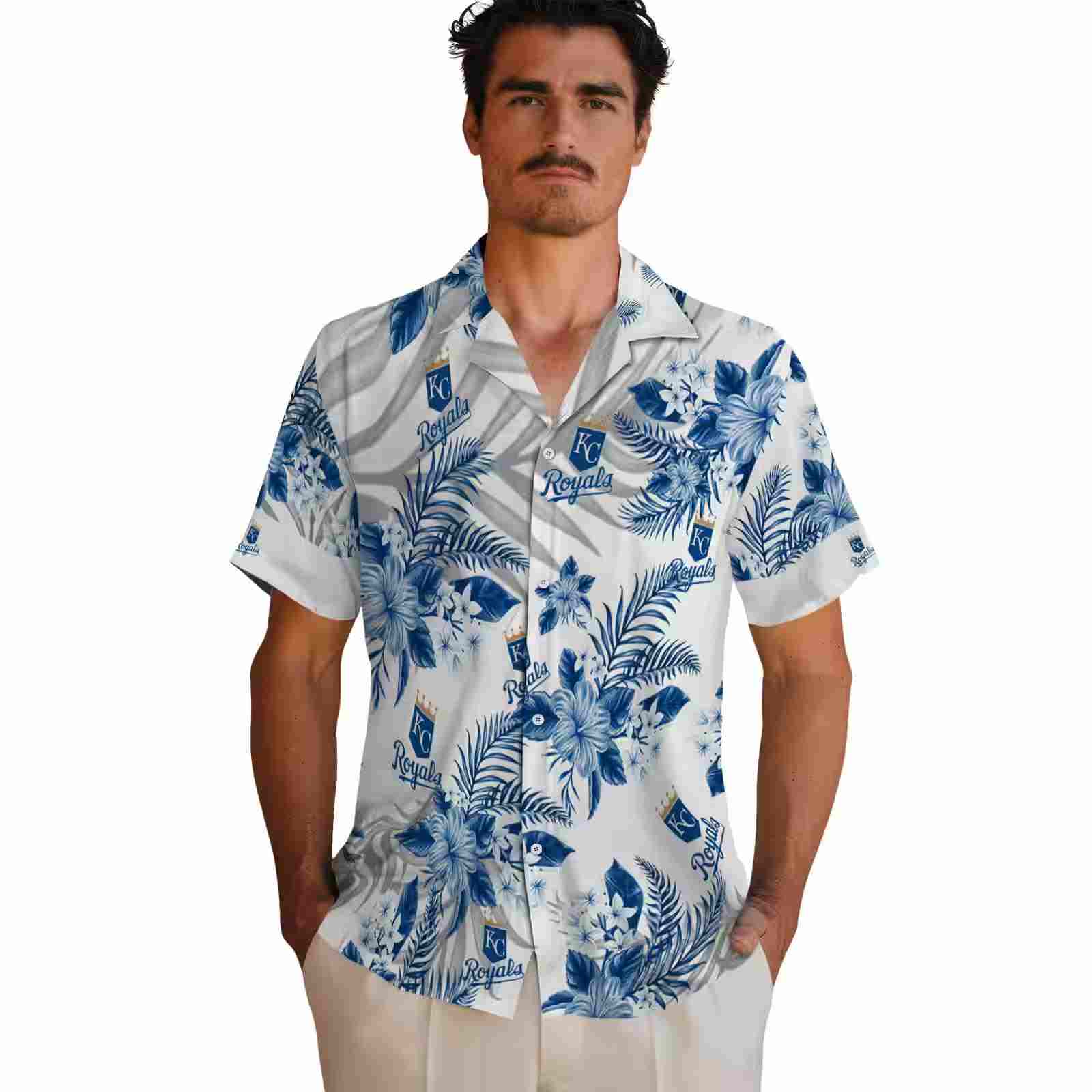 kansas city royals hibiscus palm leaves royal blue white hawaiian shirt fashion forward