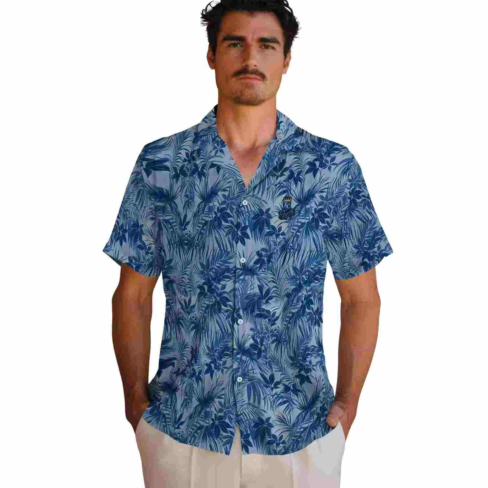 kansas city royals leafy pattern royal blue hawaiian shirt fashion forward