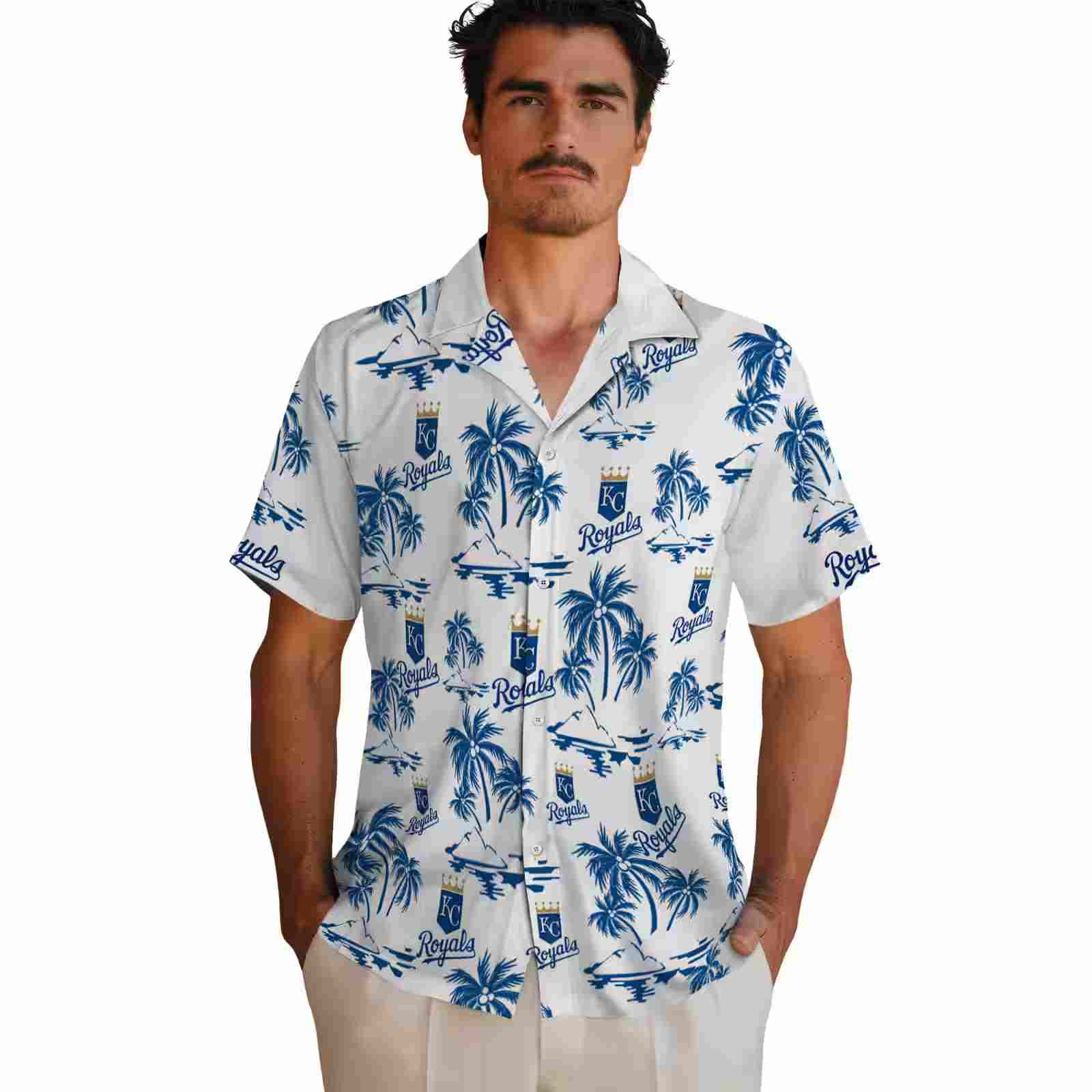 kansas city royals palm island print royal blue white hawaiian shirt fashion forward