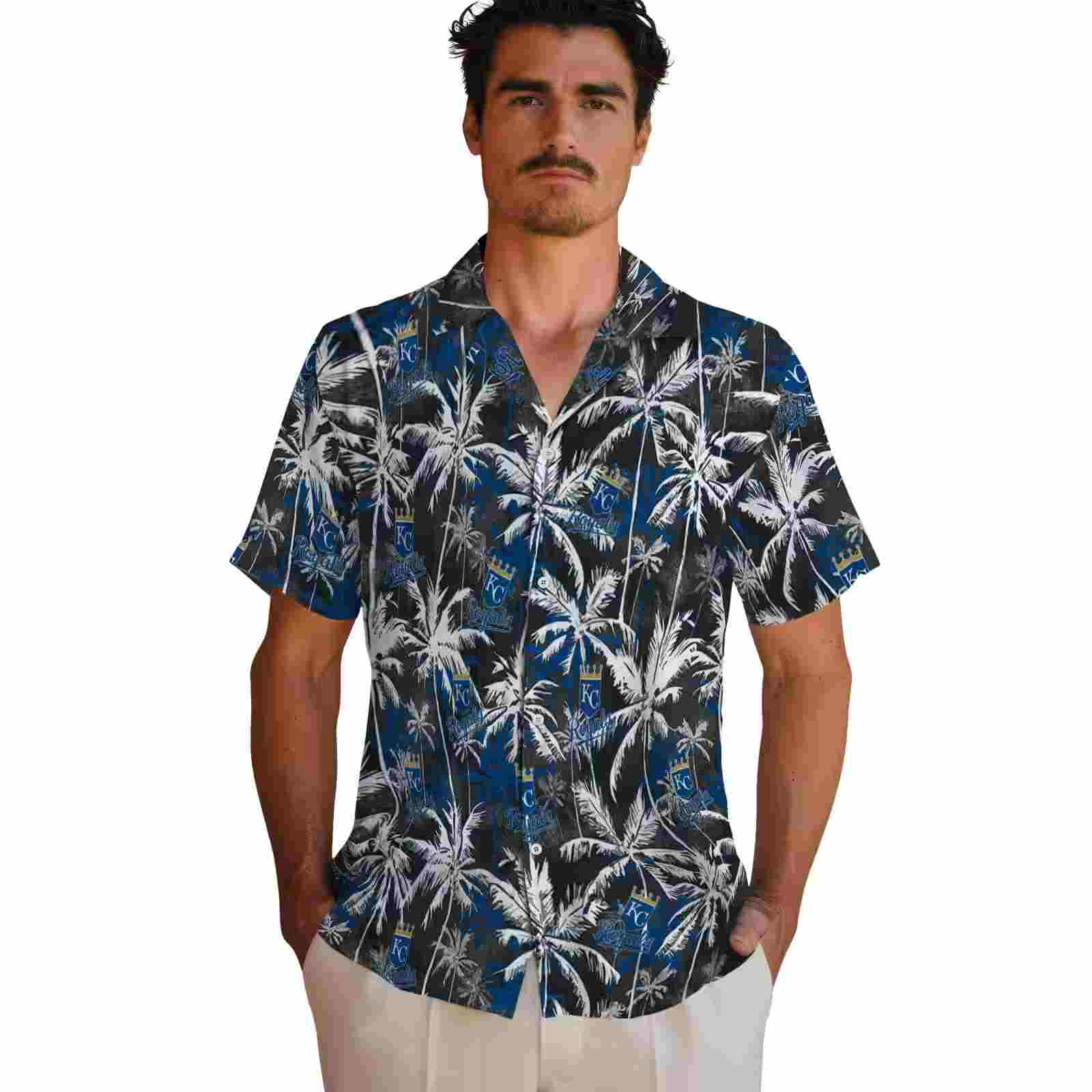 kansas city royals palm pattern royal blue black hawaiian shirt fashion forward