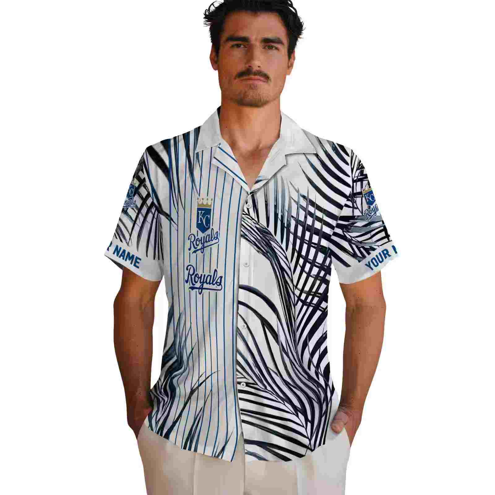 kansas city royals palm stripes royal blue black white hawaiian shirt fashion forward