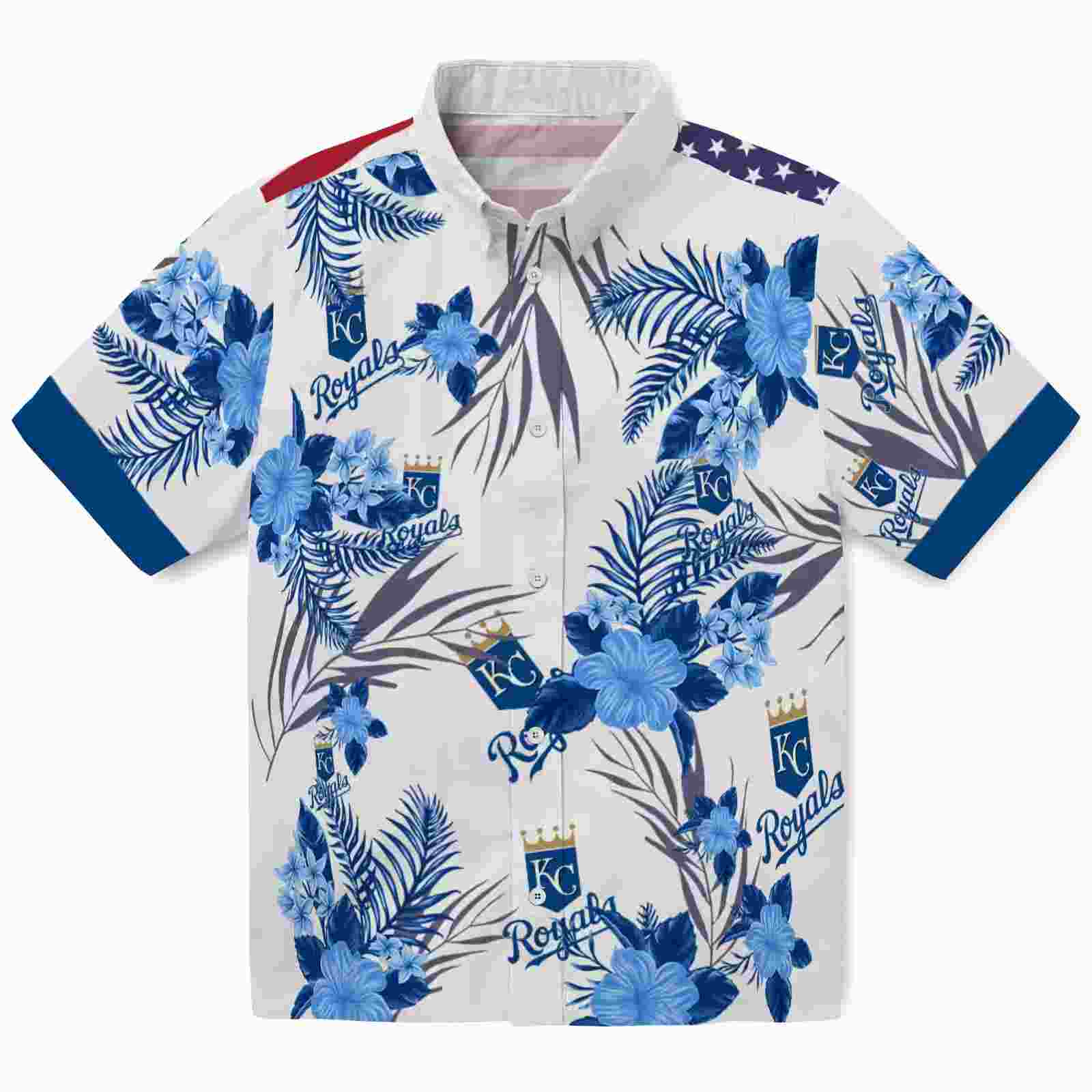 Kansas City Royals Patriotic Hibiscus Design Royal Blue White Hawaiian Shirt