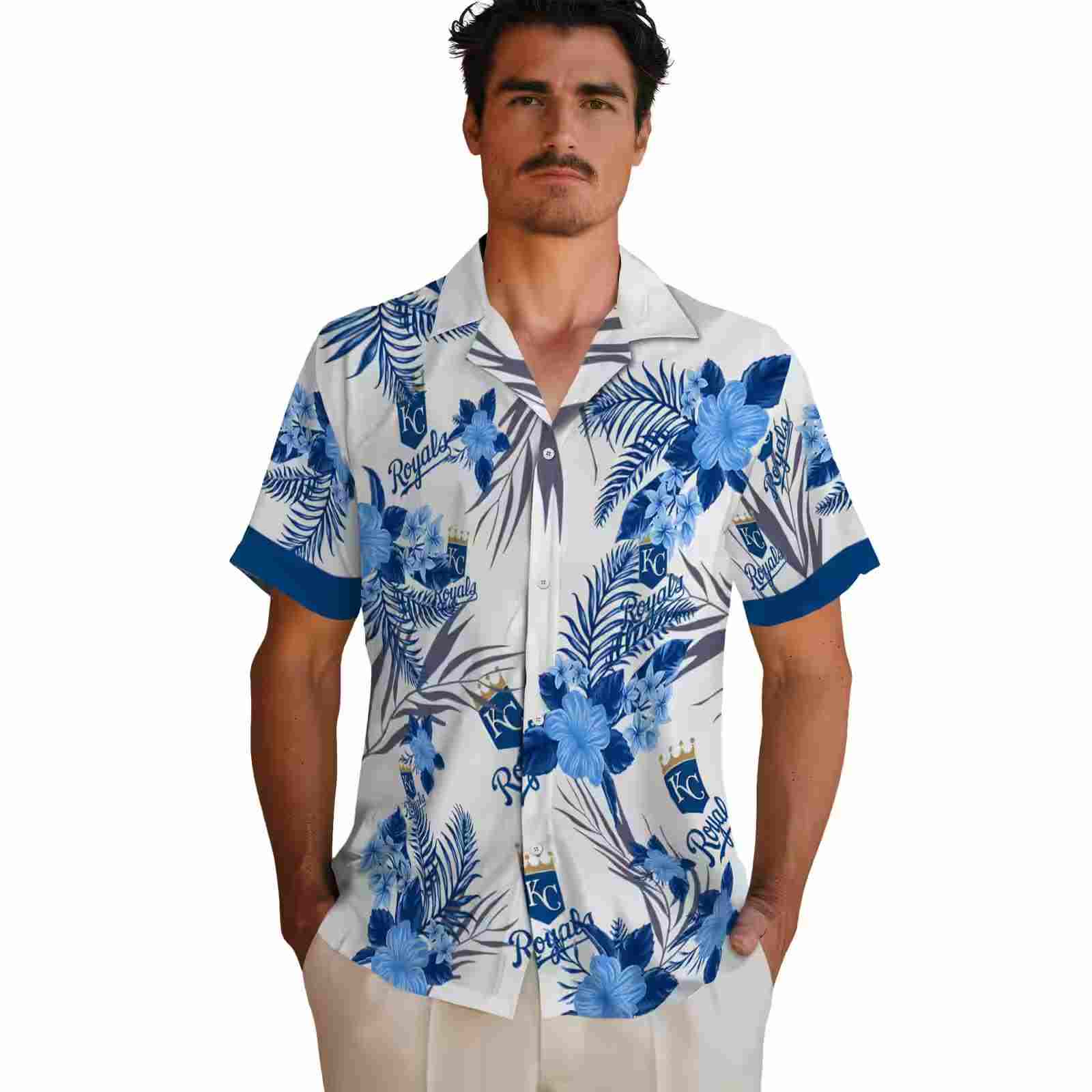 kansas city royals patriotic hibiscus design royal blue white hawaiian shirt fashion forward