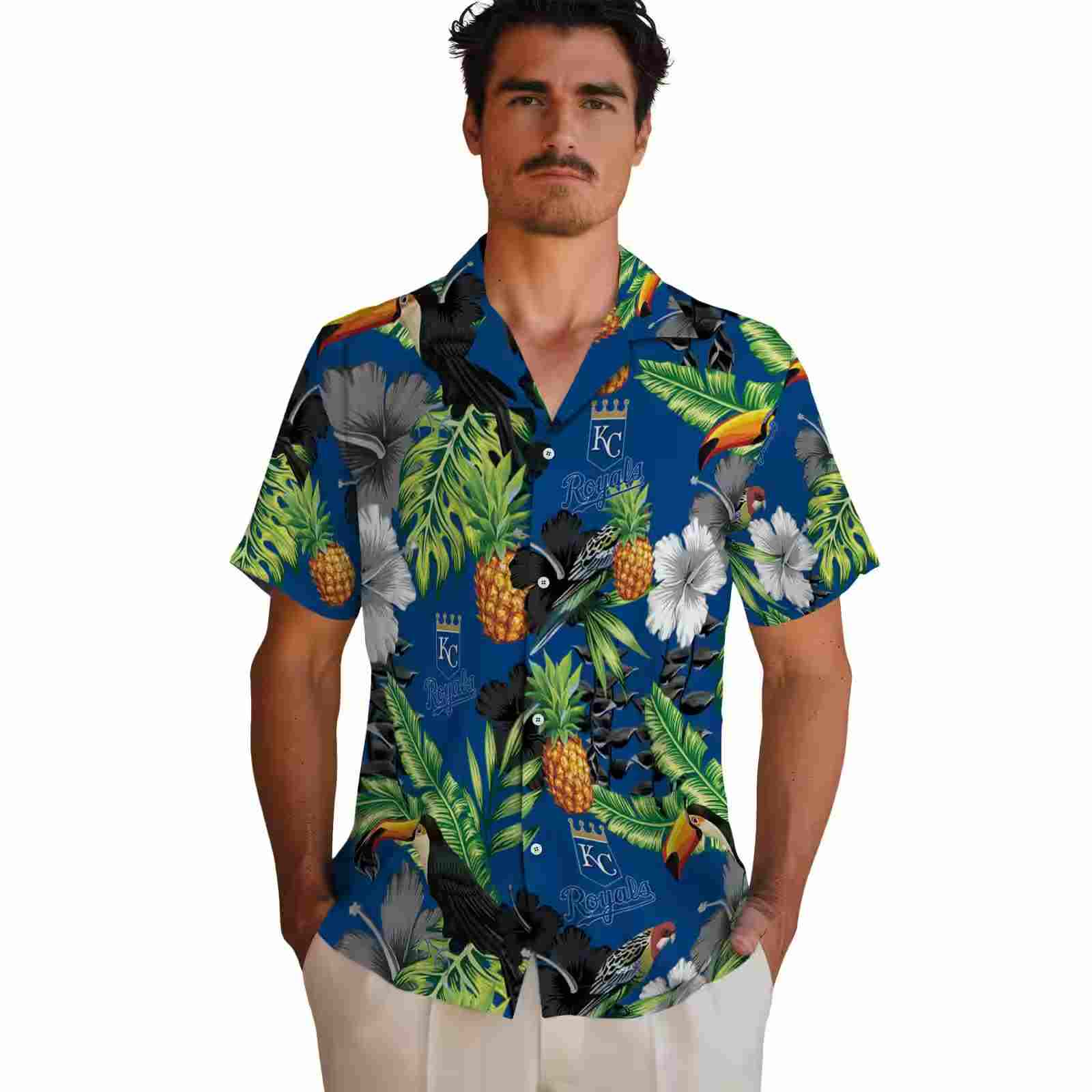 kansas city royals toucan hibiscus pineapple royal blue green hawaiian shirt fashion forward