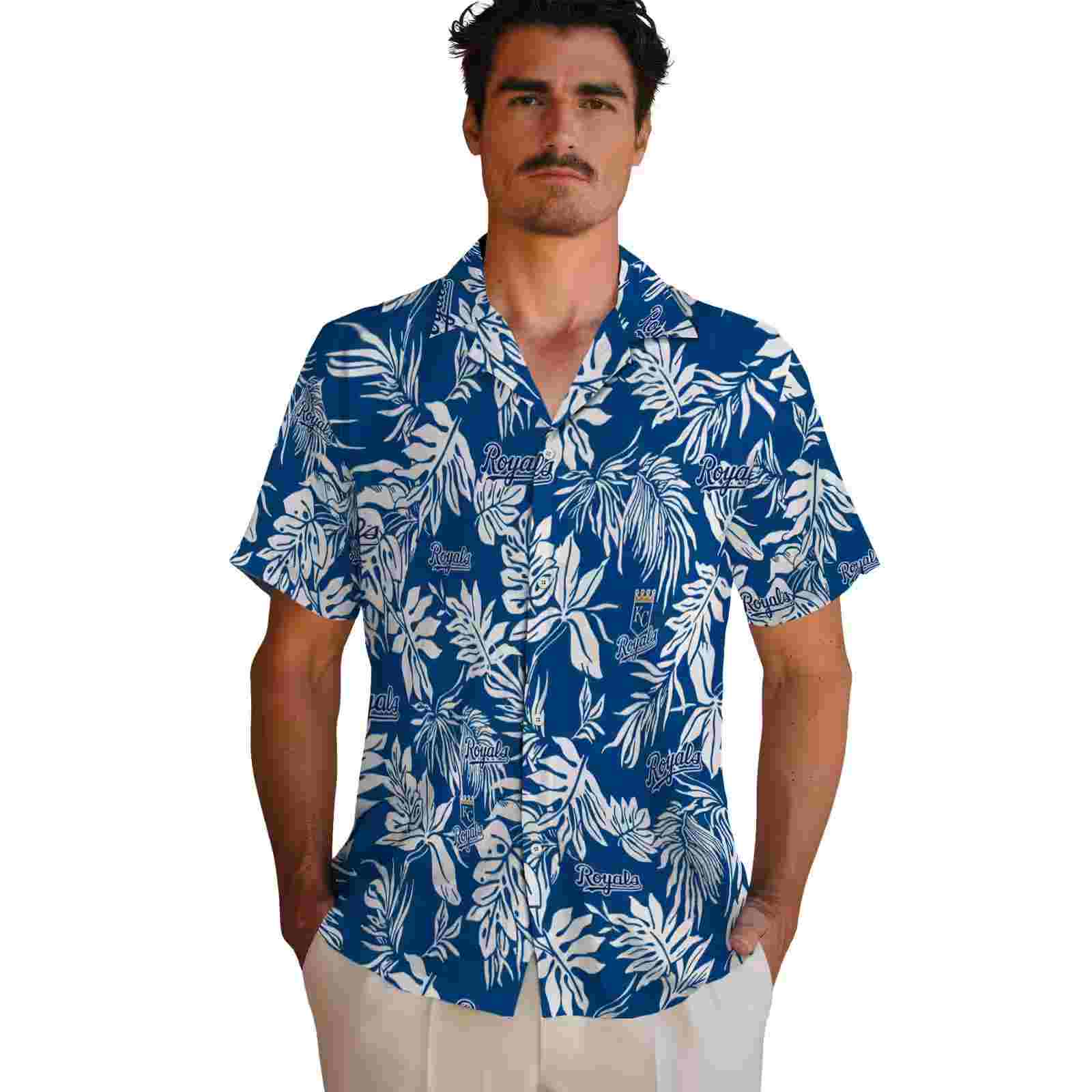 kansas city royals tropical leaf royal blue white hawaiian shirt fashion forward