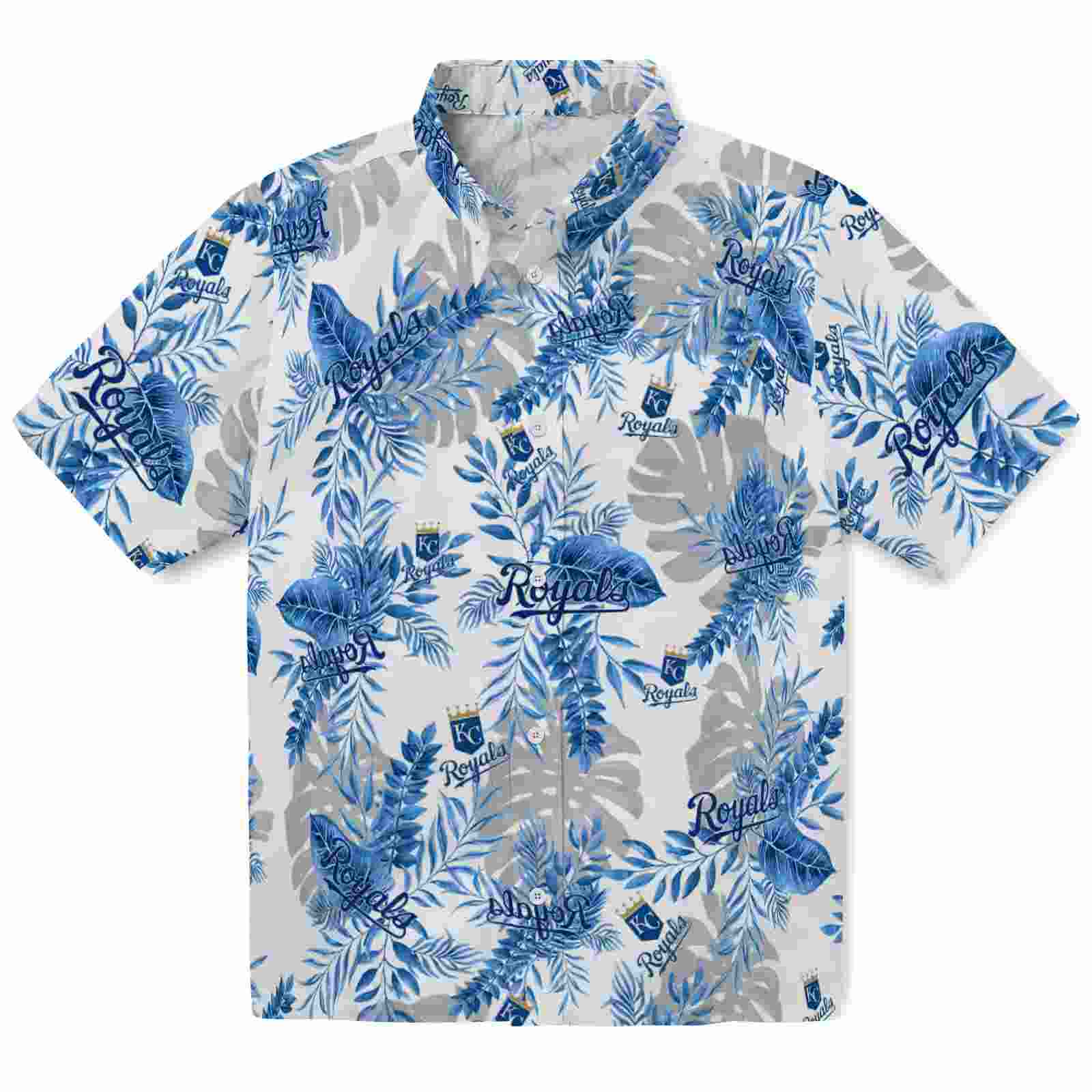 Kansas City Royals Tropical Leaves Royal Blue White Hawaiian Shirt