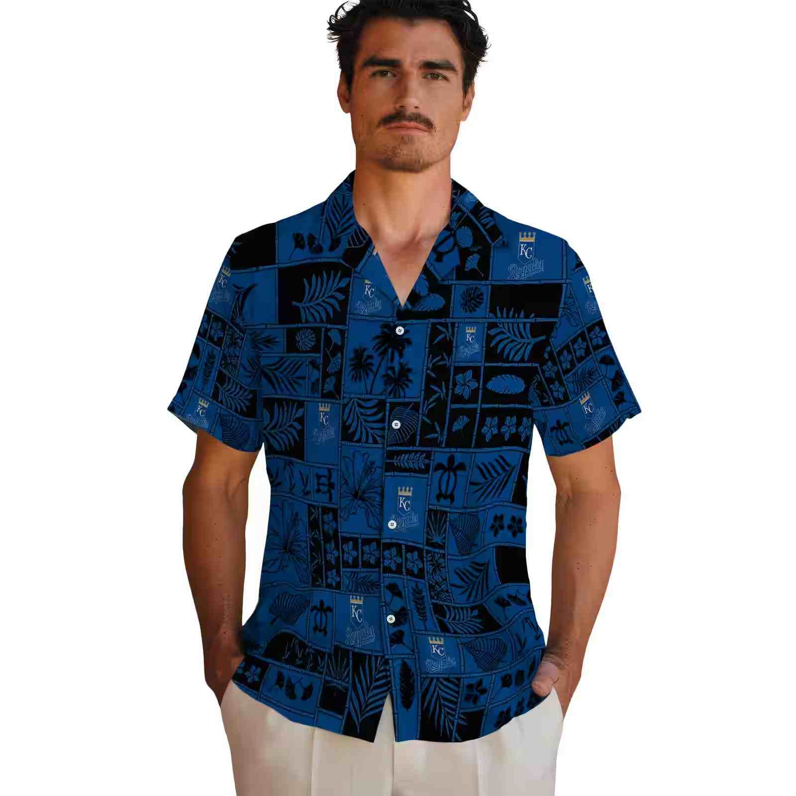 kansas city royals tropical patchwork royal blue black hawaiian shirt fashion forward