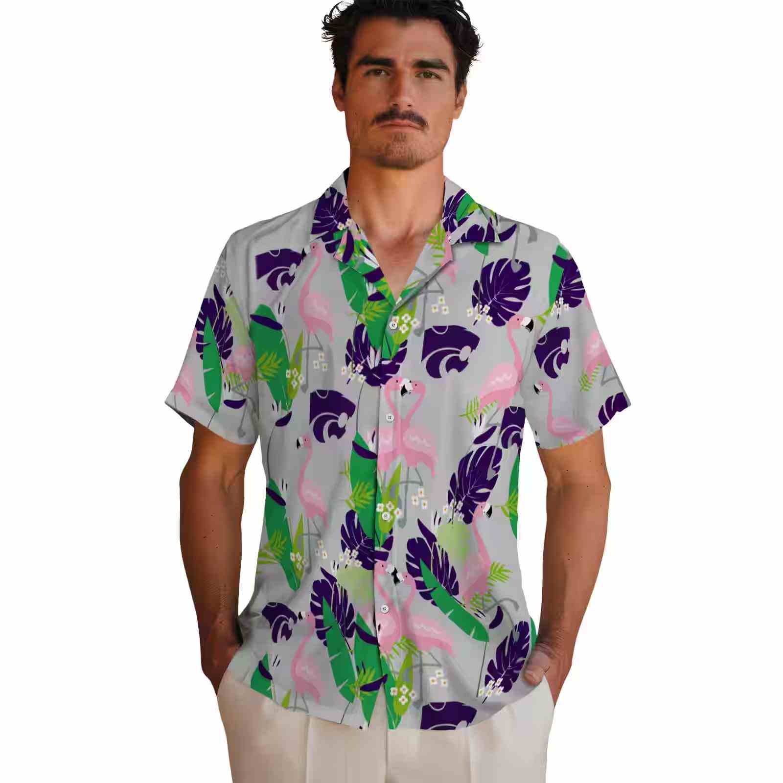 kansas state wildcats flamingo foliage purple green hawaiian shirt fashion forward