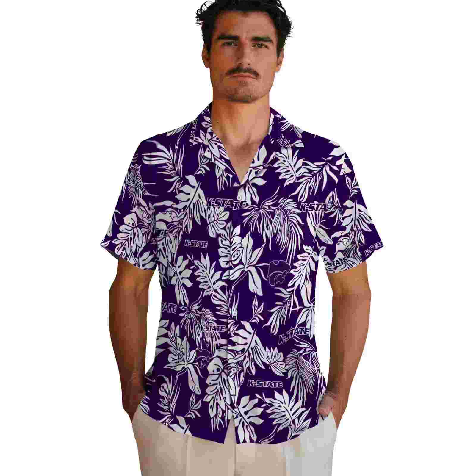 kansas state wildcats tropical leaf purple white hawaiian shirt fashion forward