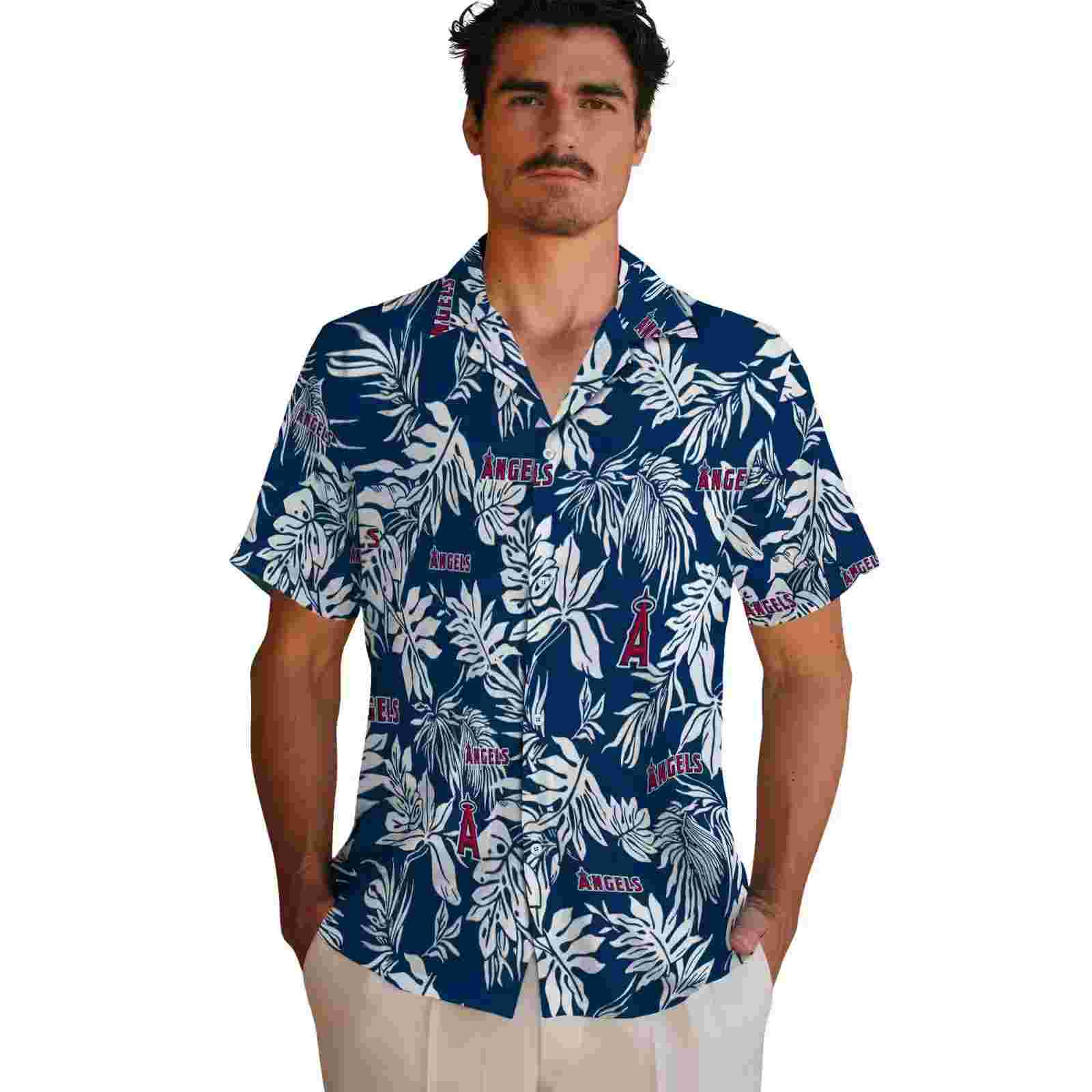 los angeles angels tropical leaf blue white hawaiian shirt fashion forward