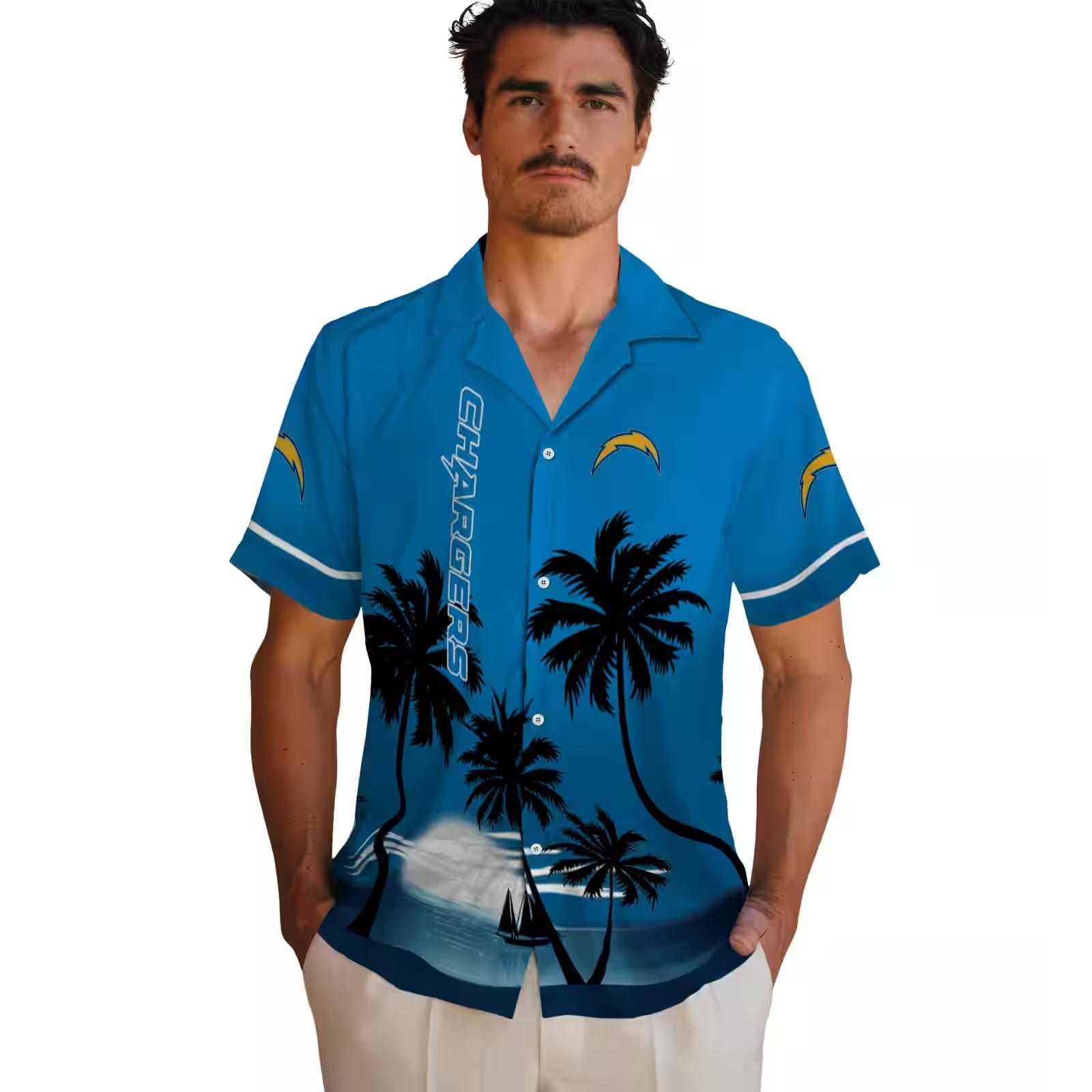 los angeles chargers beach sunset blue black hawaiian shirt fashion forward