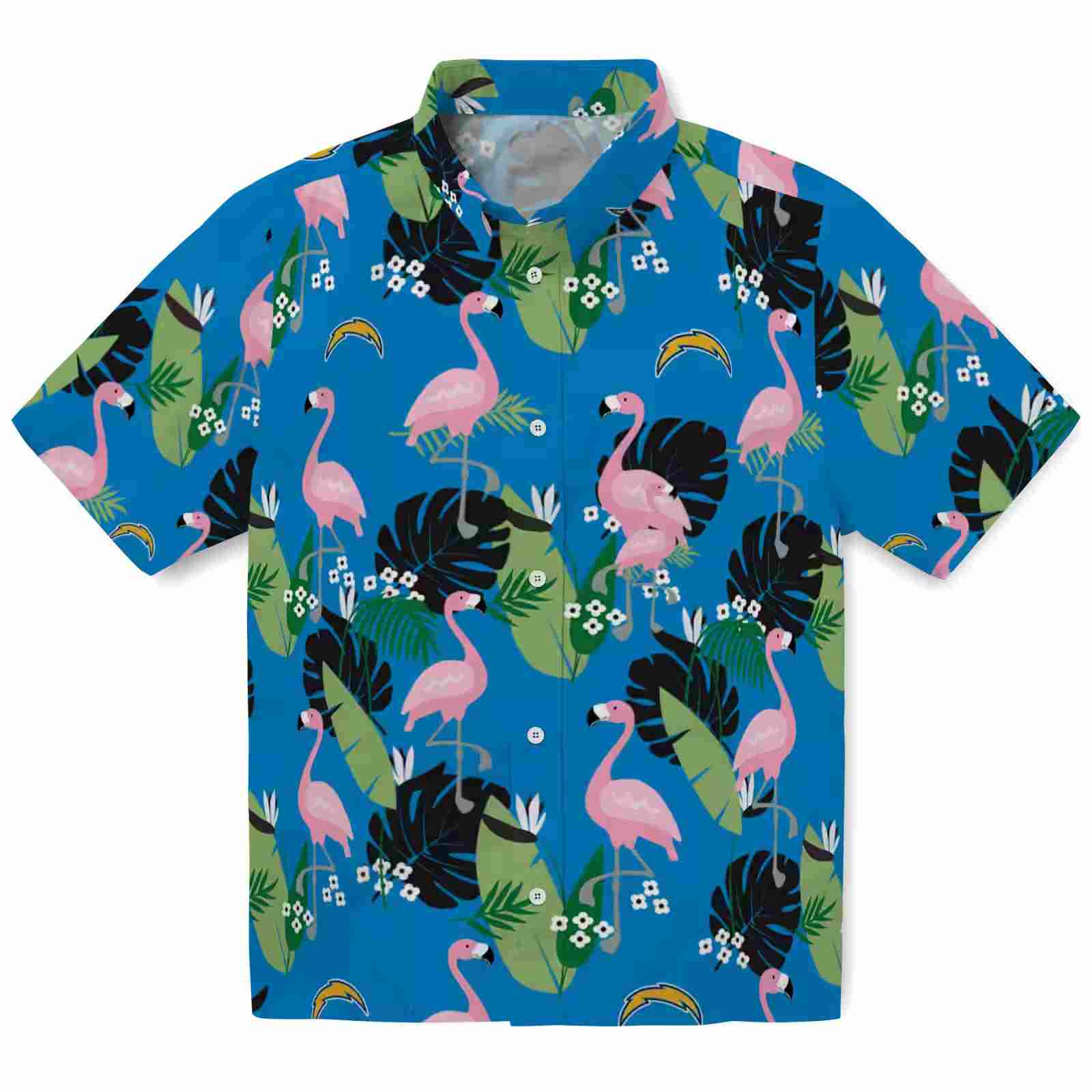 Los Angeles Chargers Flamingo Leaf Motif Blue Hawaiian Shirt