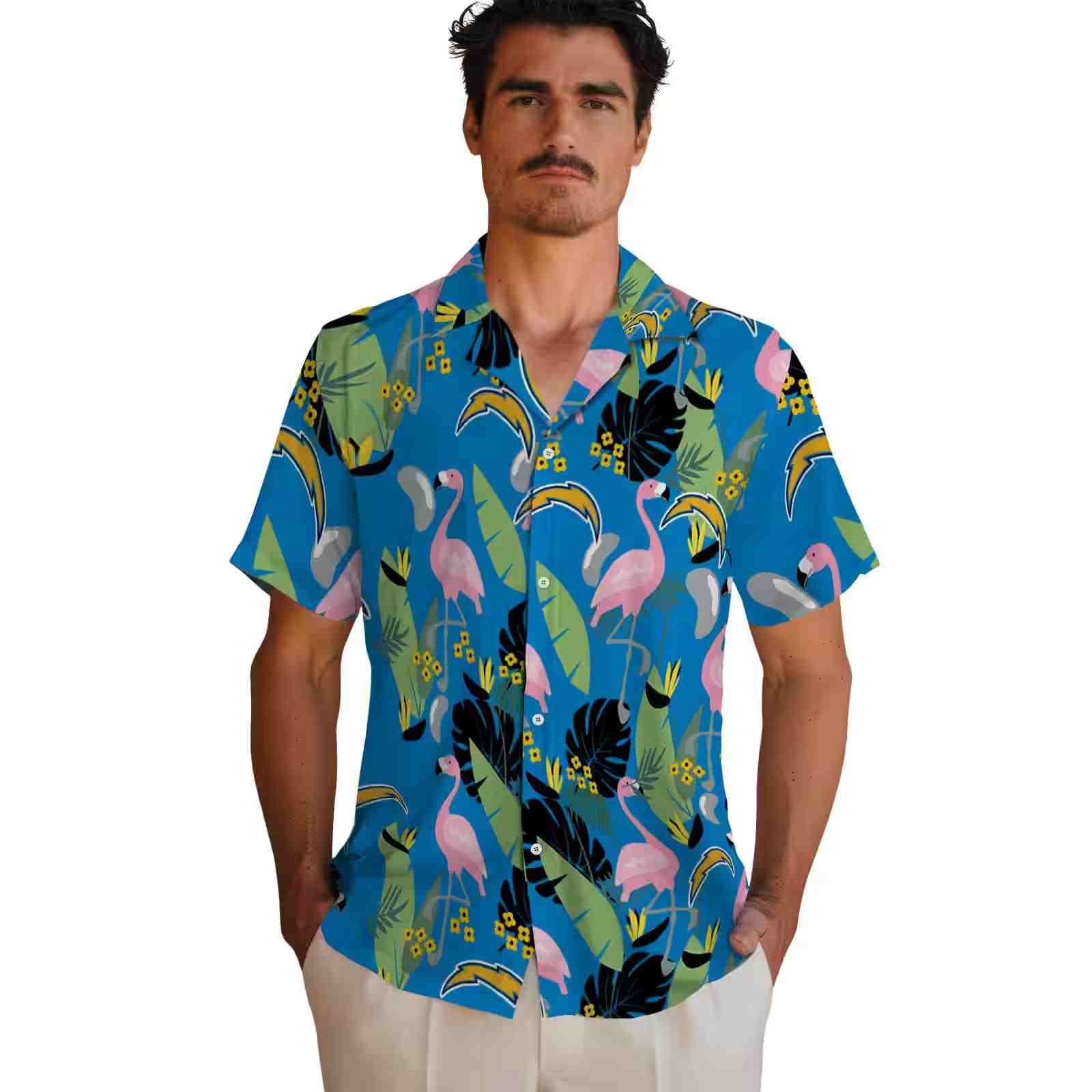 los angeles chargers flamingo leaves blue hawaiian shirt fashion forward