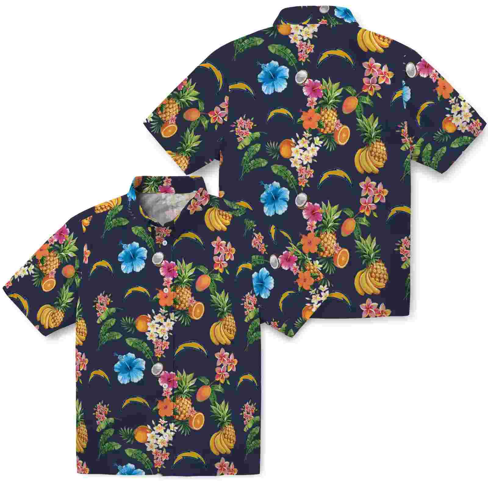 los angeles chargers hibiscus and fruit navy blue hawaiian shirt high quality