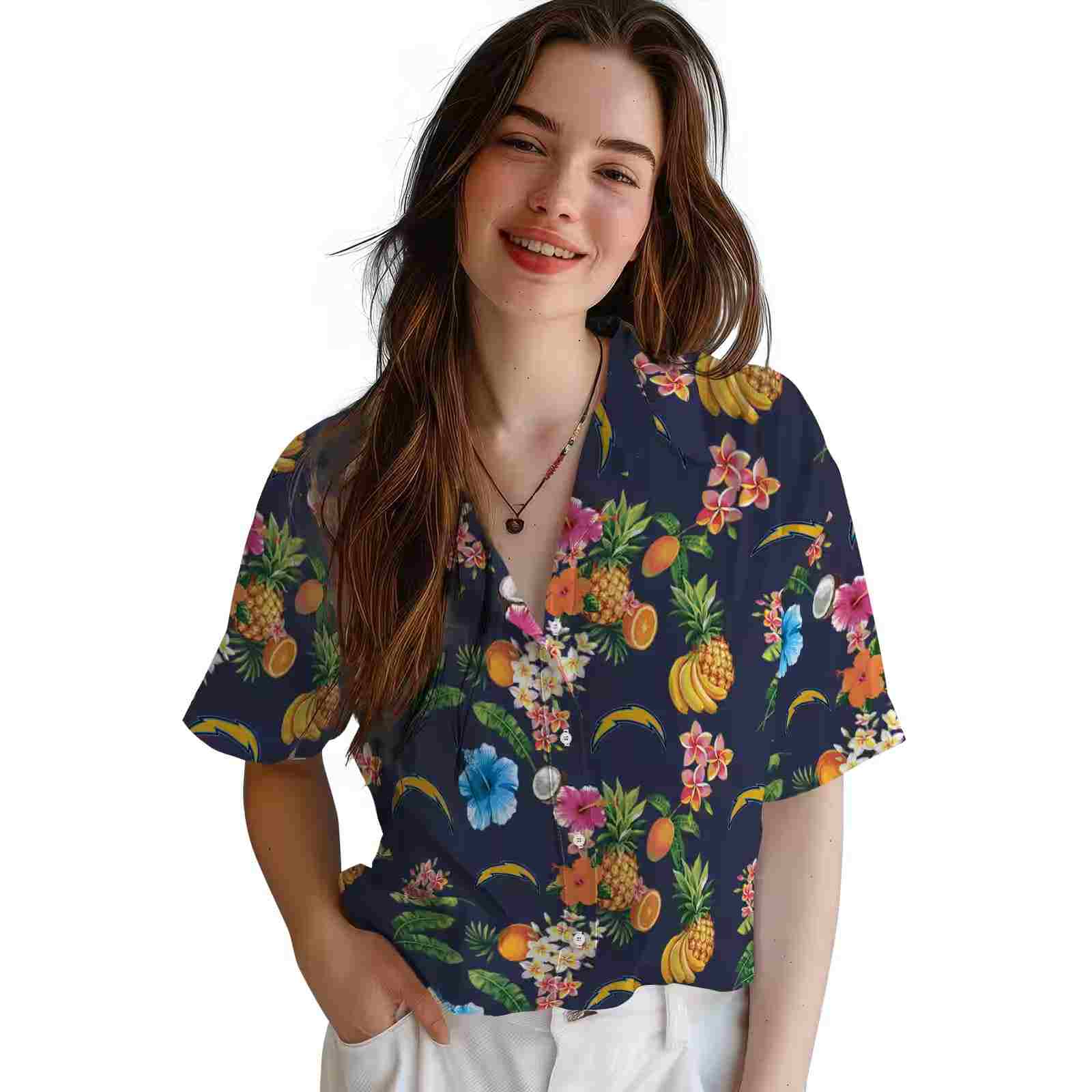 los angeles chargers hibiscus and fruit navy blue hawaiian shirt latest model