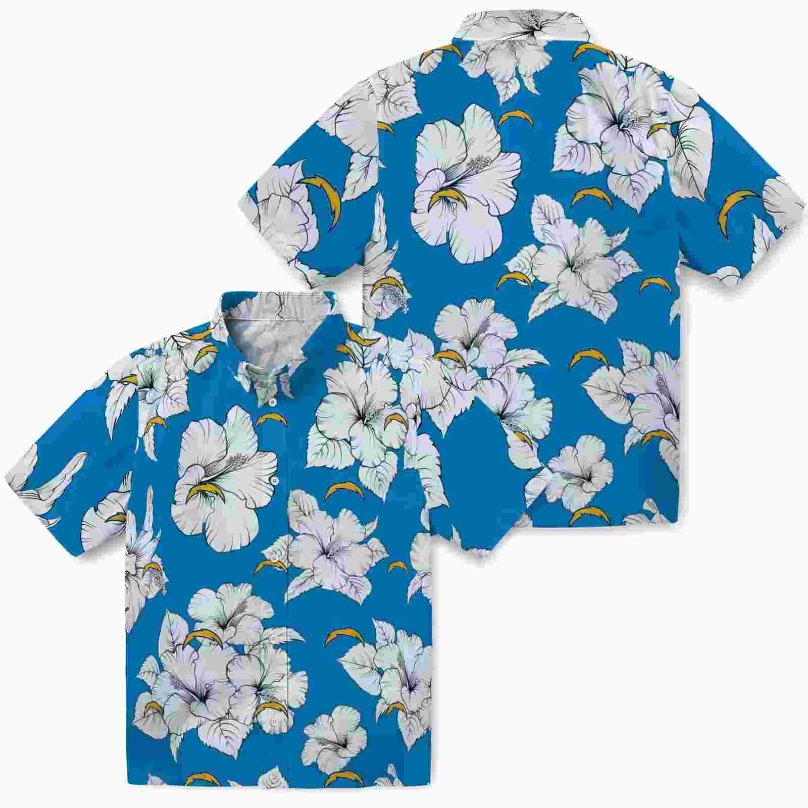 los angeles chargers hibiscus blooms blue white hawaiian shirt high quality